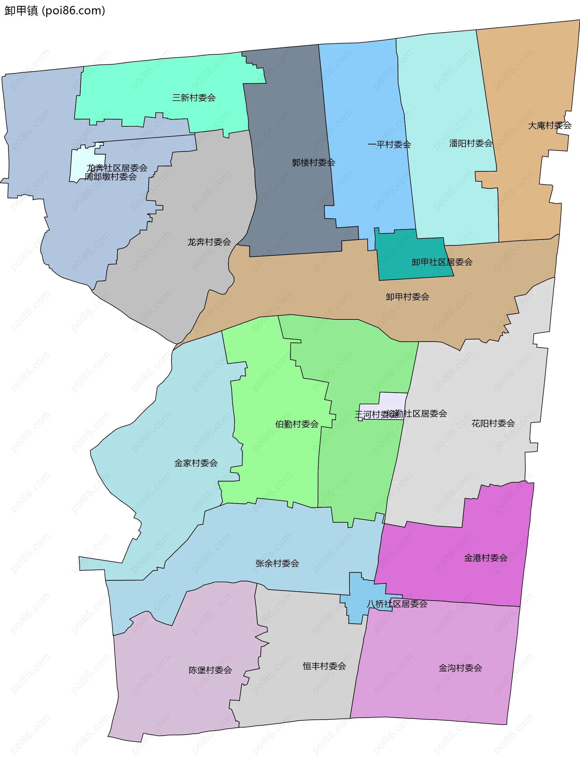 卸甲镇边界地图(五级行政区划)