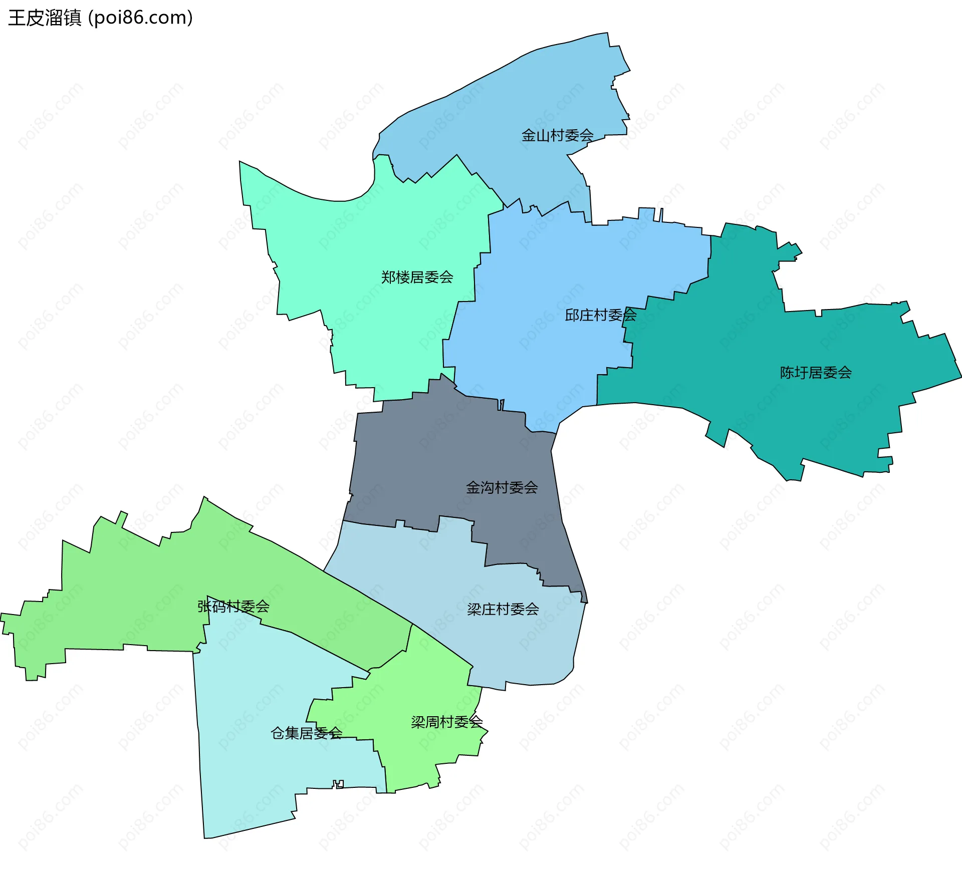 王皮溜镇边界地图(五级行政区划)