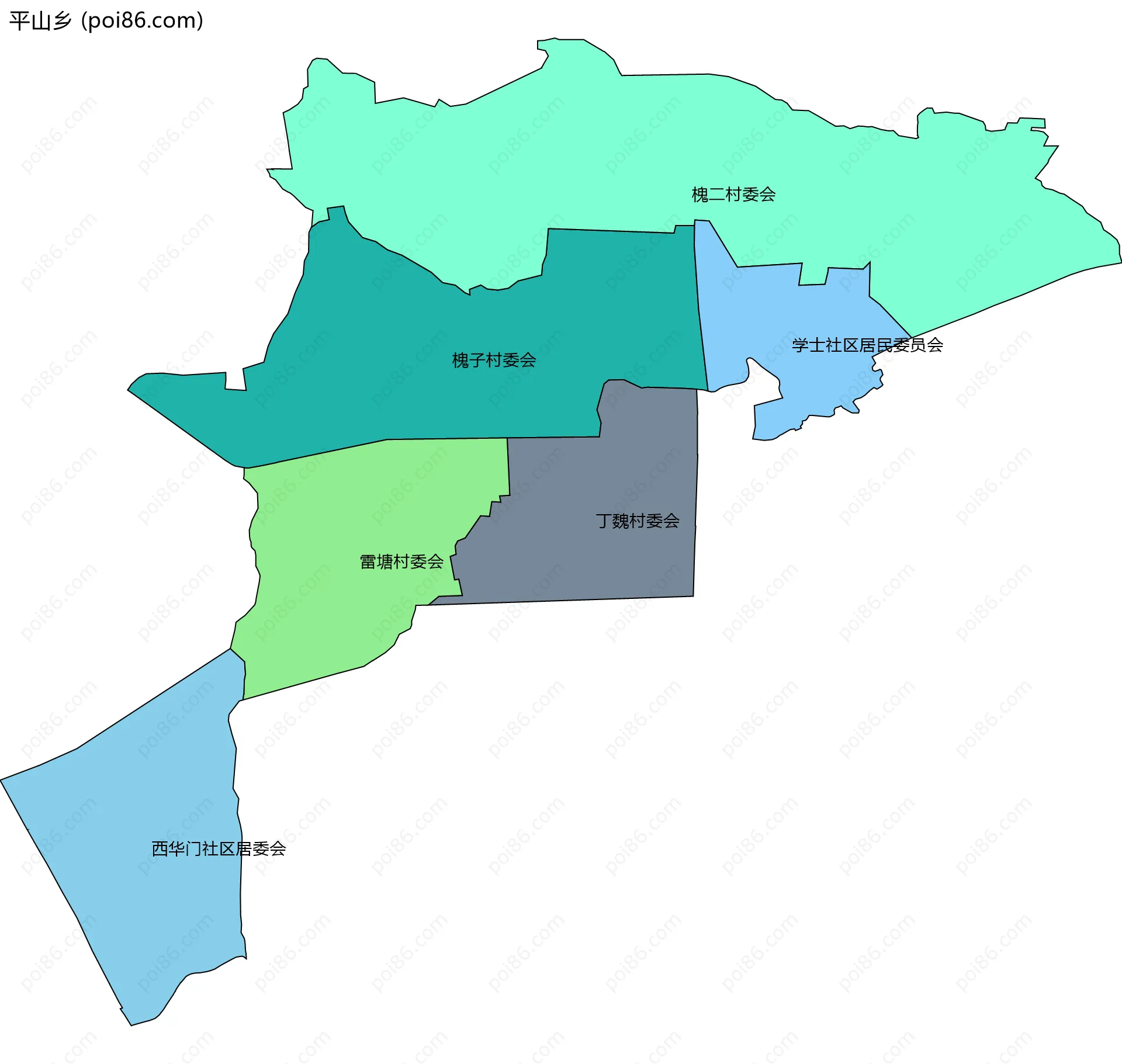 平山乡边界地图(五级行政区划)