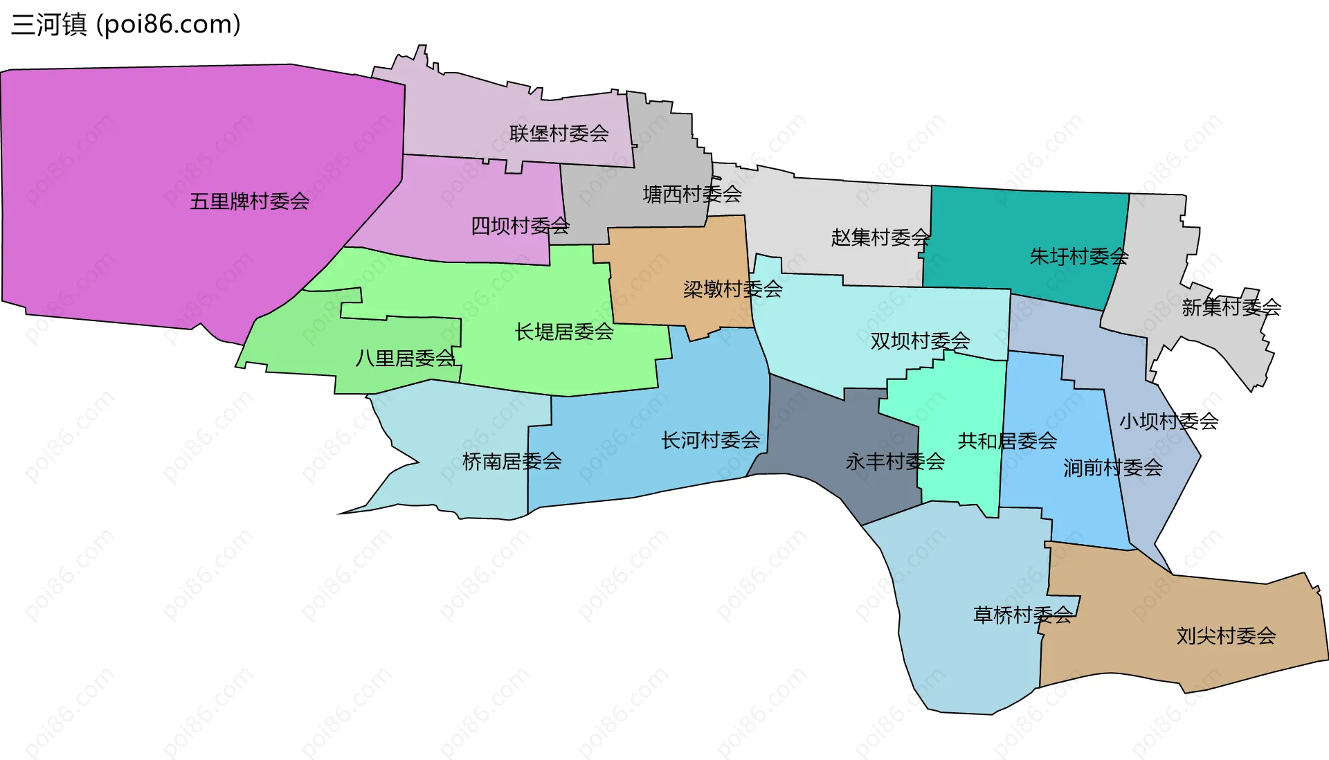 三河镇边界地图(五级行政区划)