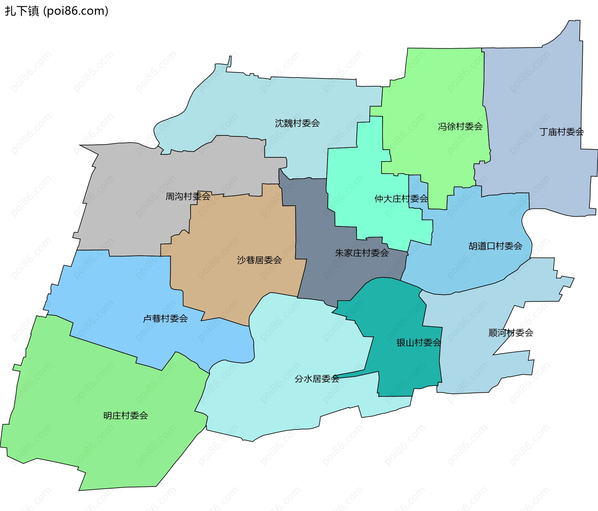 扎下镇边界地图(五级行政区划)