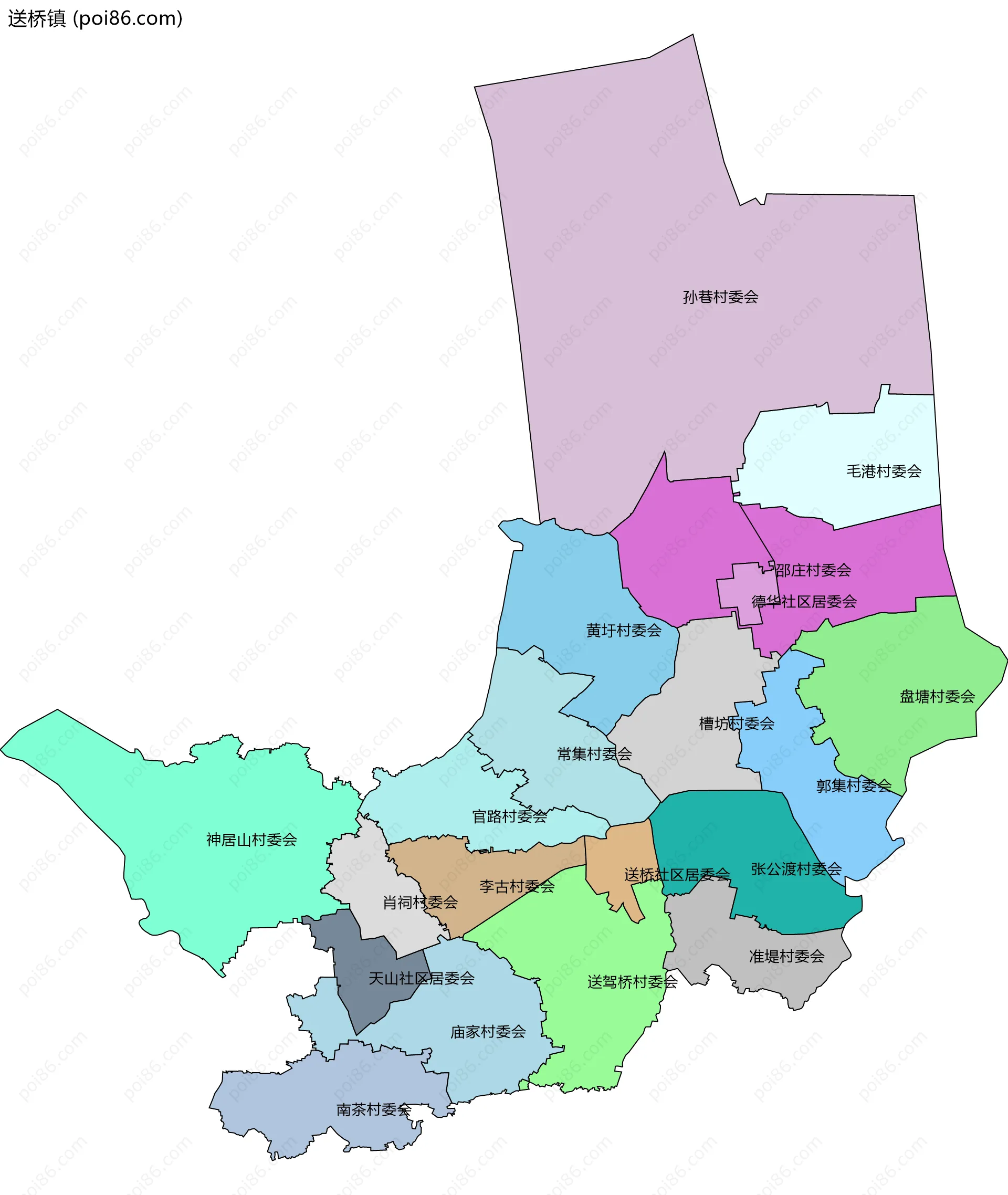 送桥镇边界地图(五级行政区划)