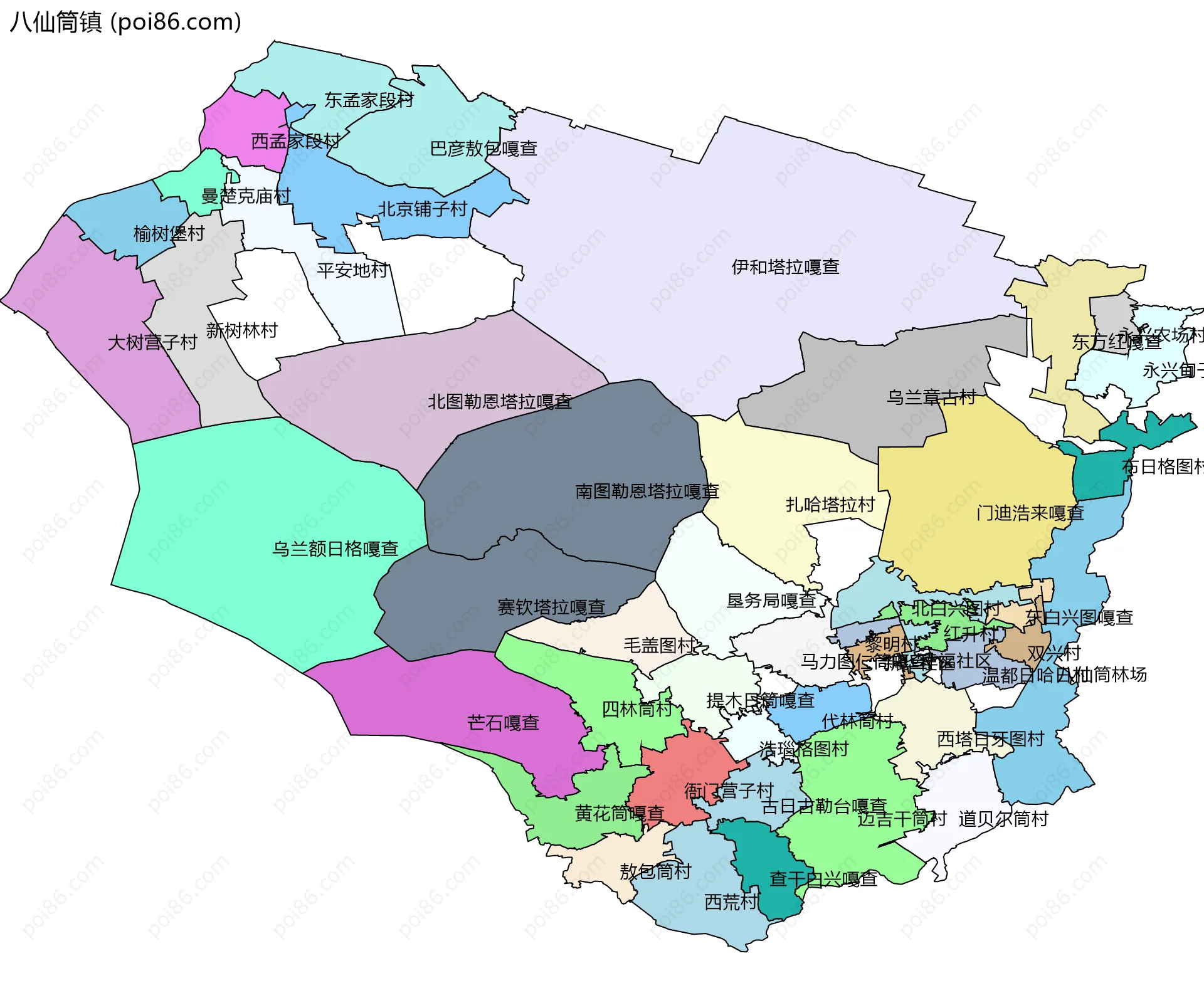 八仙筒镇边界地图(五级行政区划)
