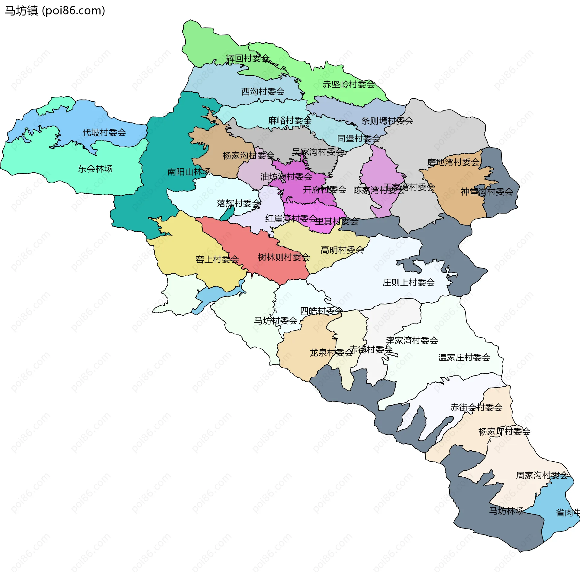 马坊镇边界地图(五级行政区划)