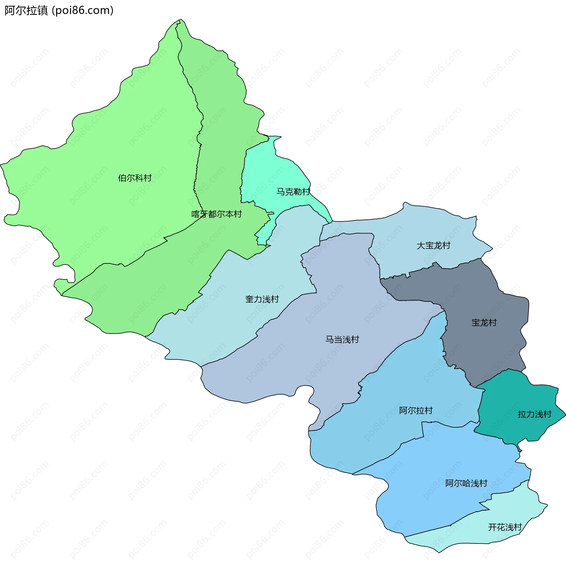 阿尔拉镇边界地图(五级行政区划)
