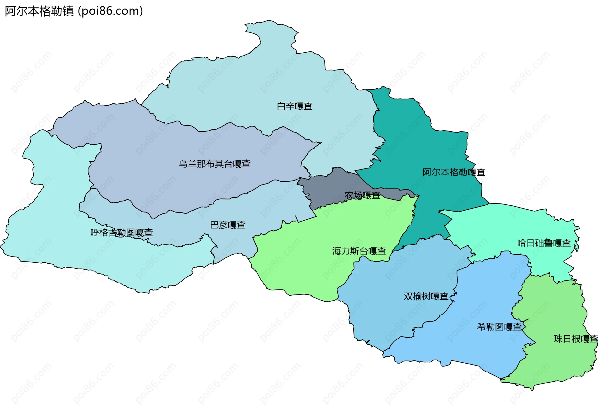 阿尔本格勒镇边界地图(五级行政区划)