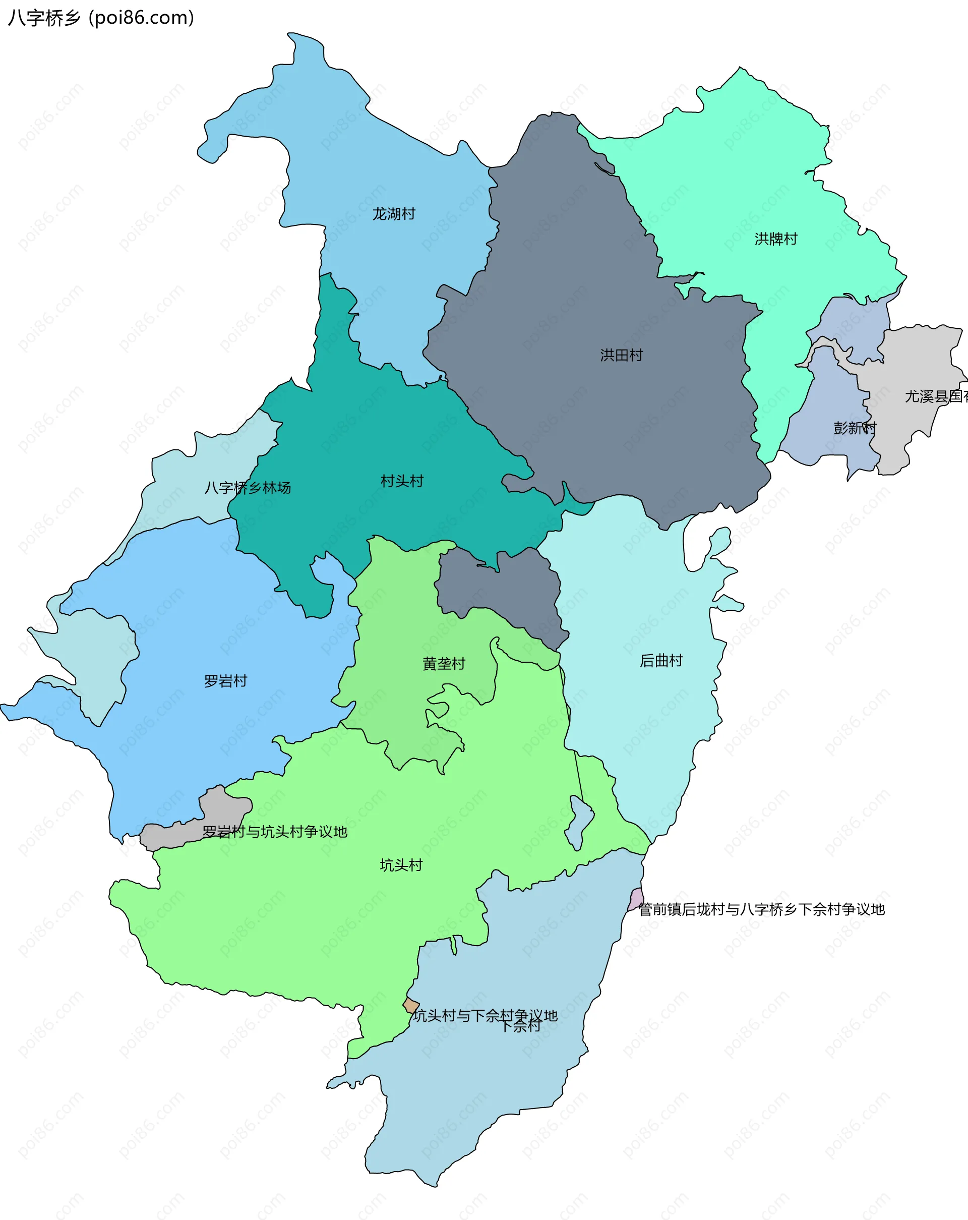 八字桥乡边界地图(五级行政区划)