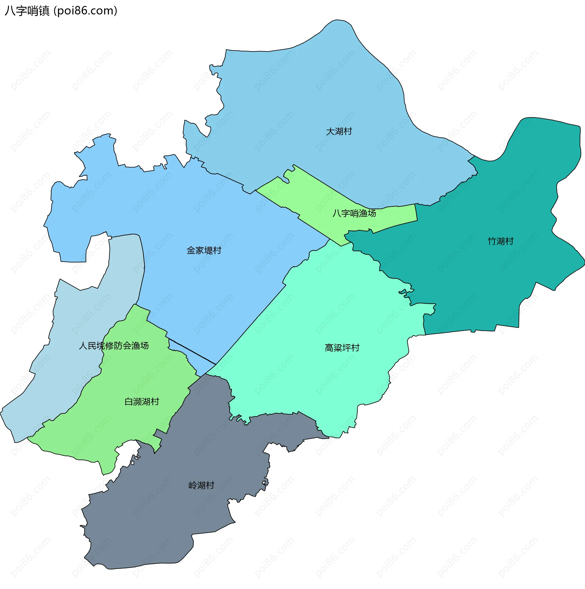 八字哨镇边界地图(五级行政区划)