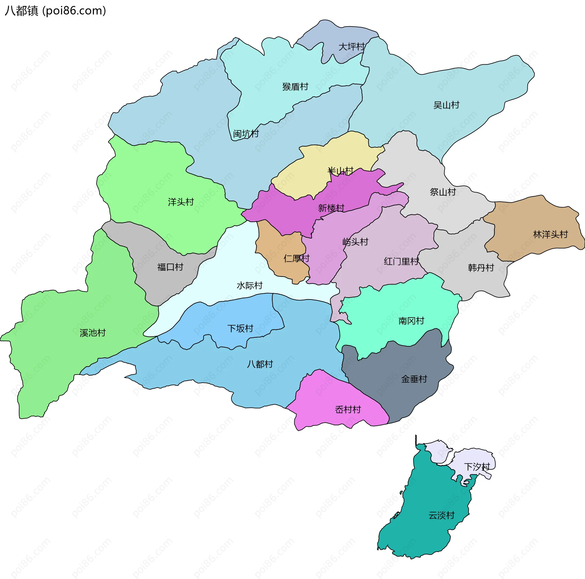 八都镇边界地图(五级行政区划)