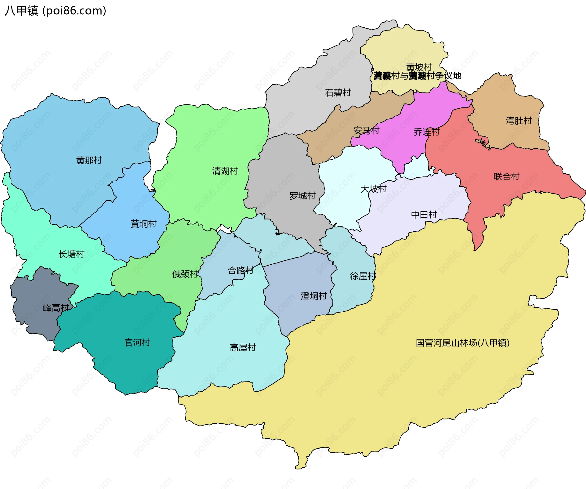 八甲镇边界地图(五级行政区划)