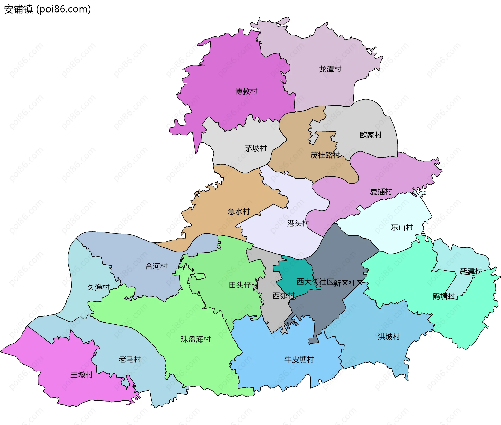 安铺镇边界地图(五级行政区划)