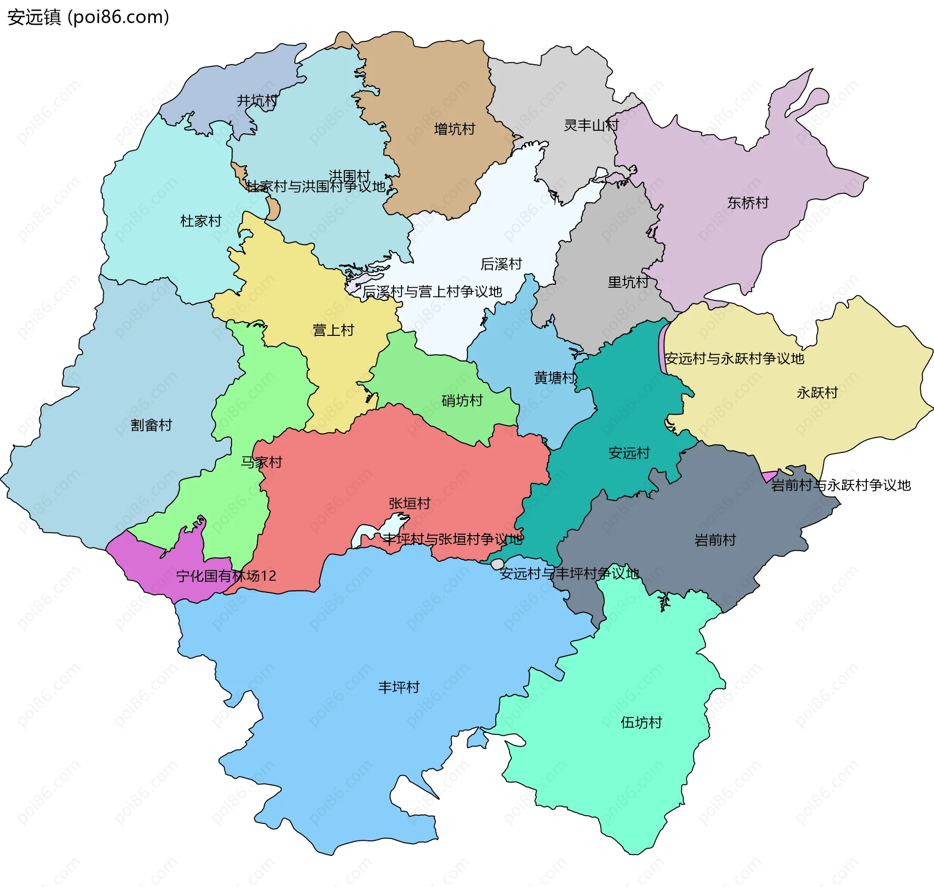 安远镇边界地图(五级行政区划)