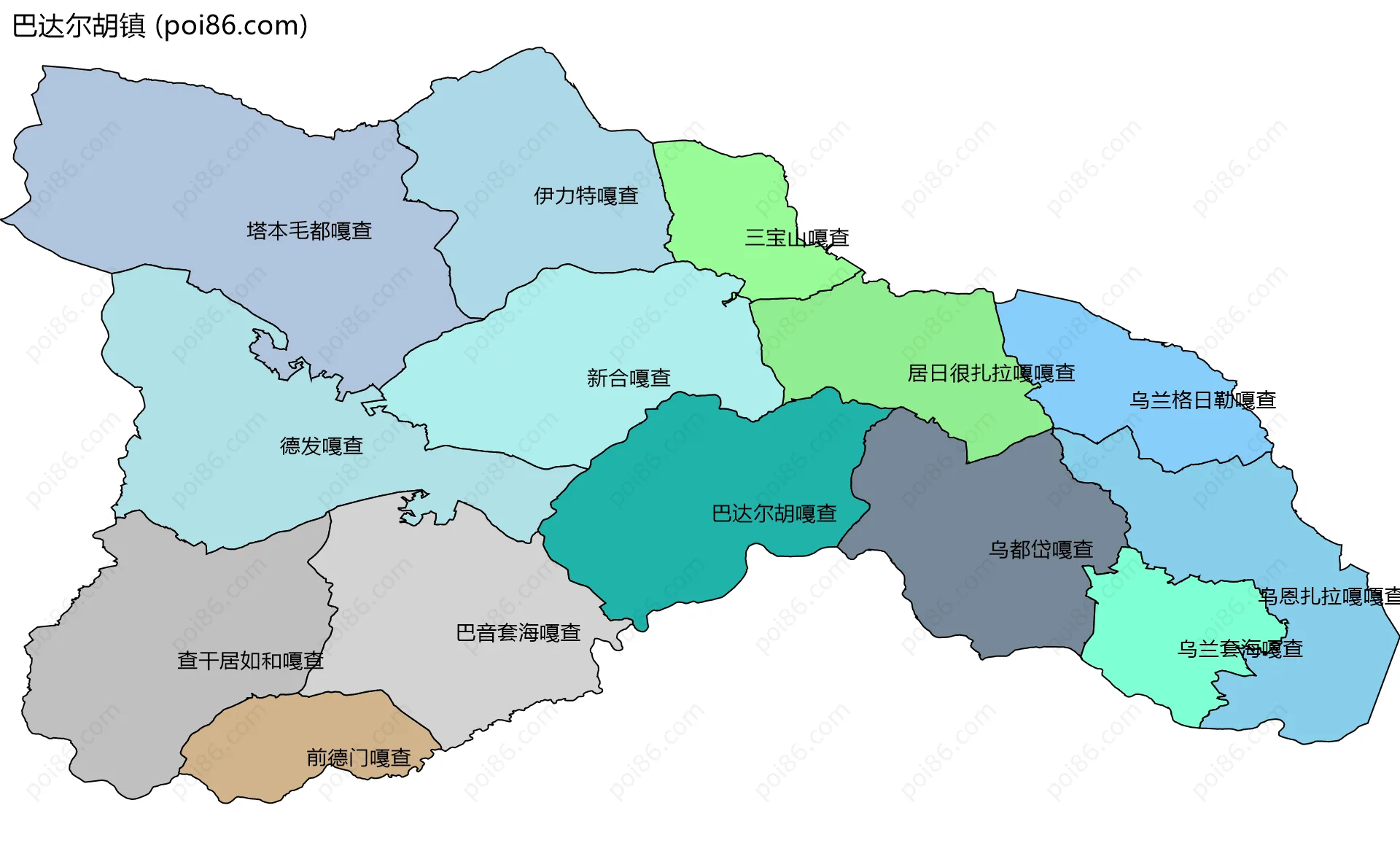 巴达尔胡镇边界地图(五级行政区划)