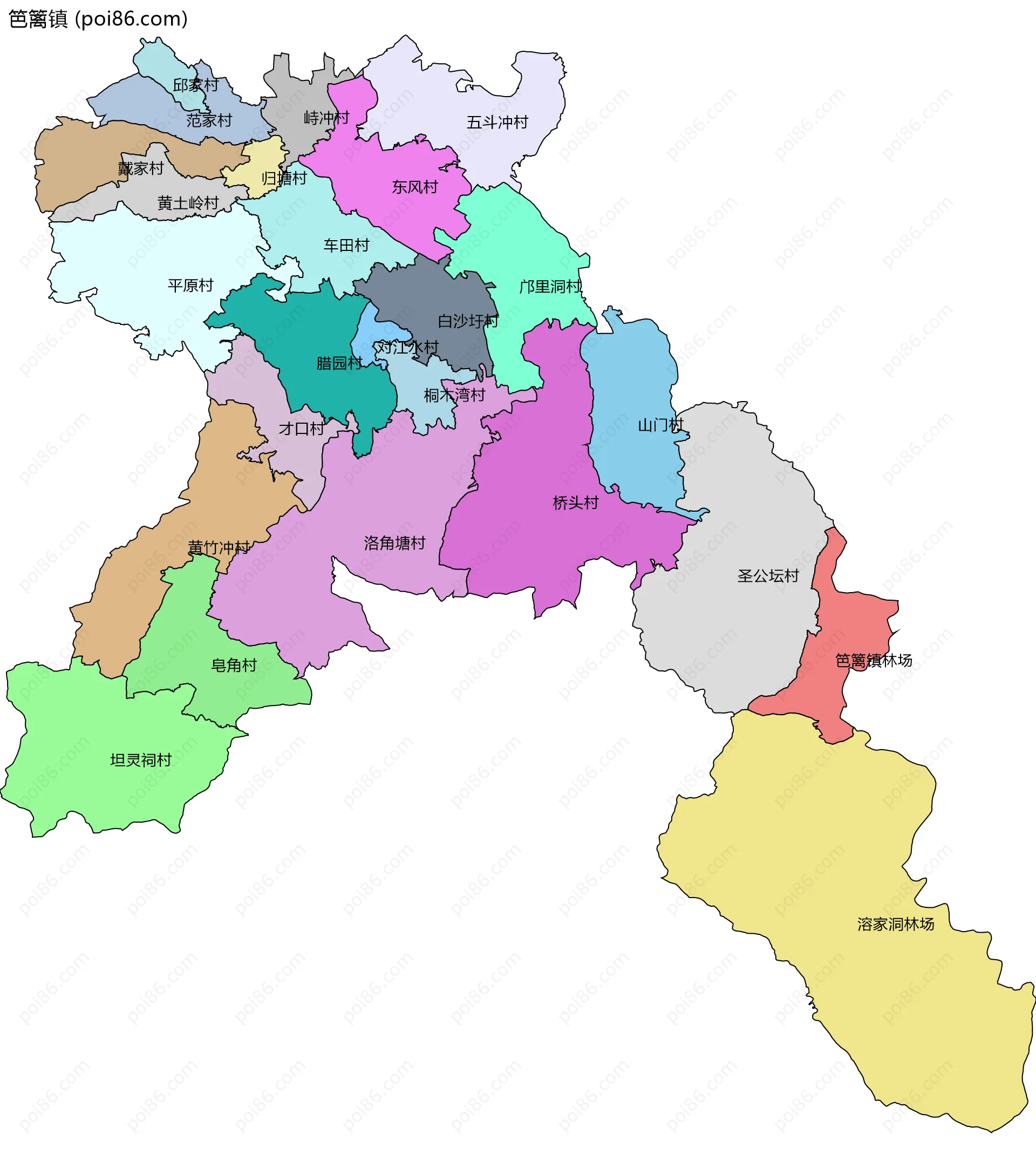 笆篱镇边界地图(五级行政区划)