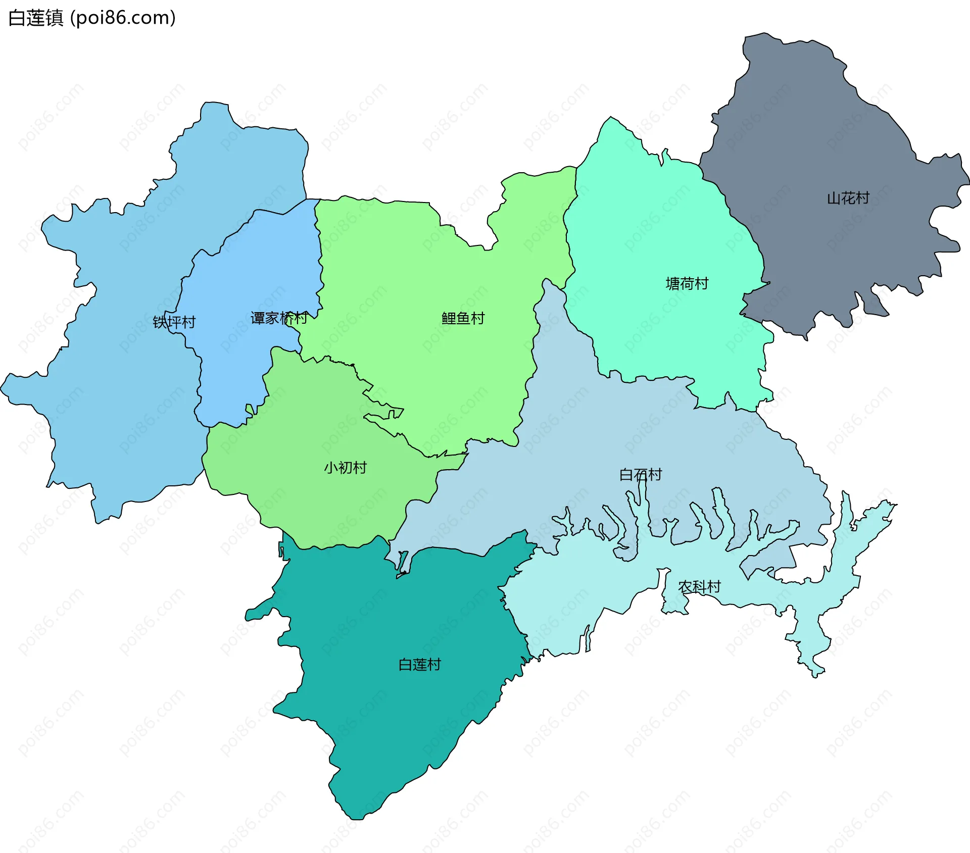 白莲镇边界地图(五级行政区划)