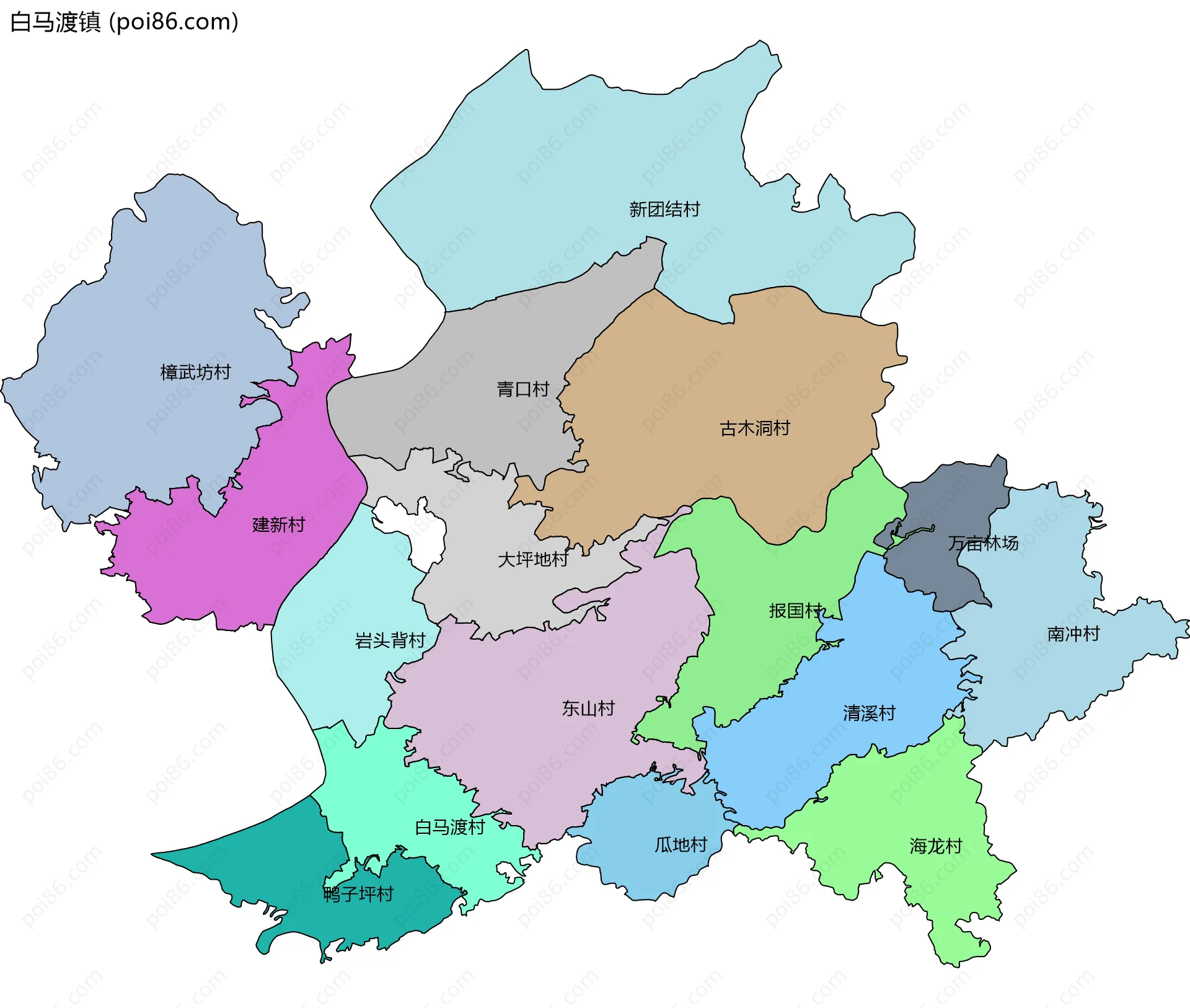 白马渡镇边界地图(五级行政区划)