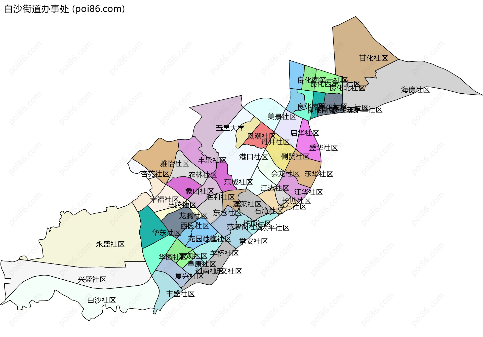 白沙街道办事处边界地图(五级行政区划)
