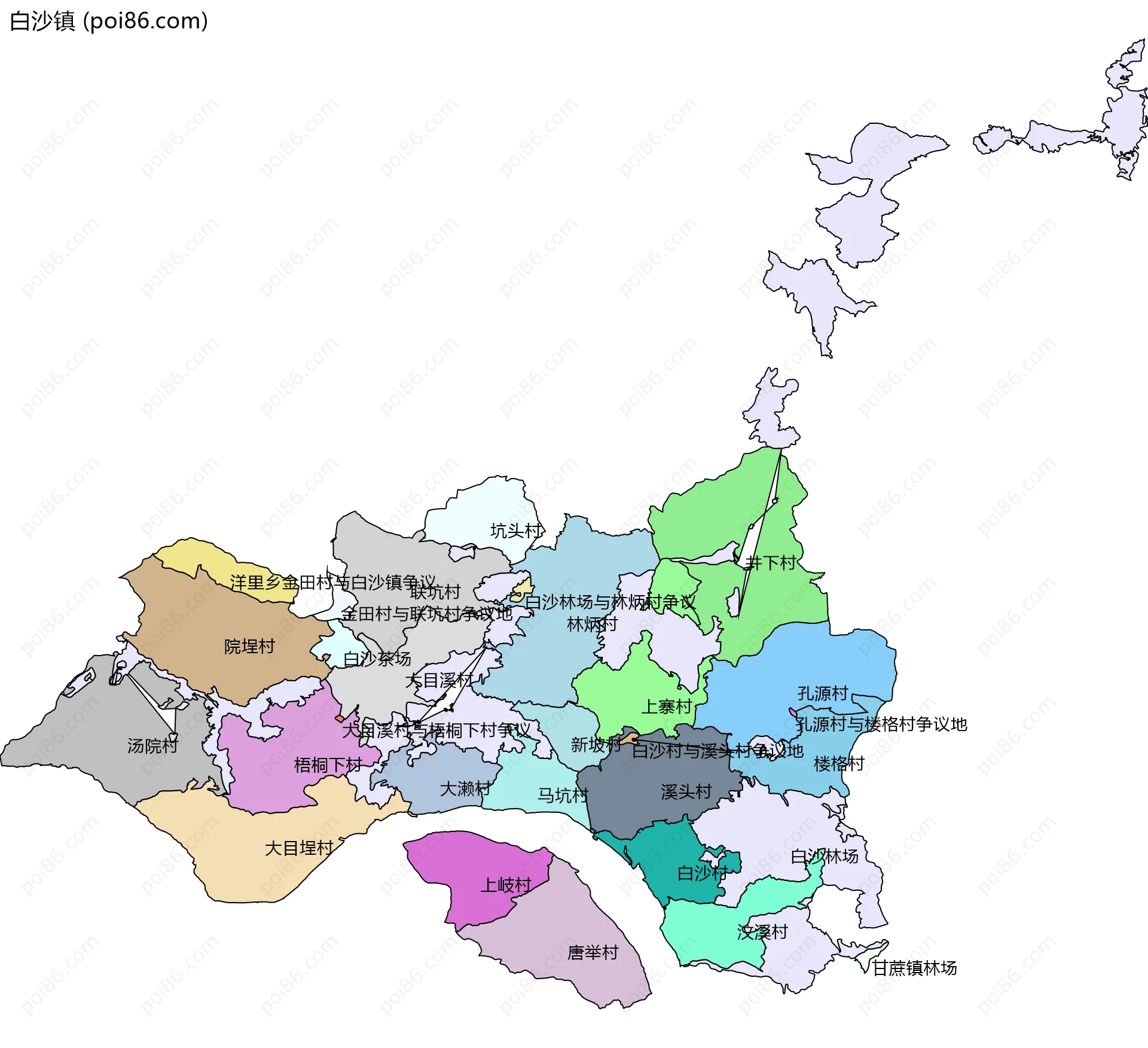 白沙镇边界地图(五级行政区划)