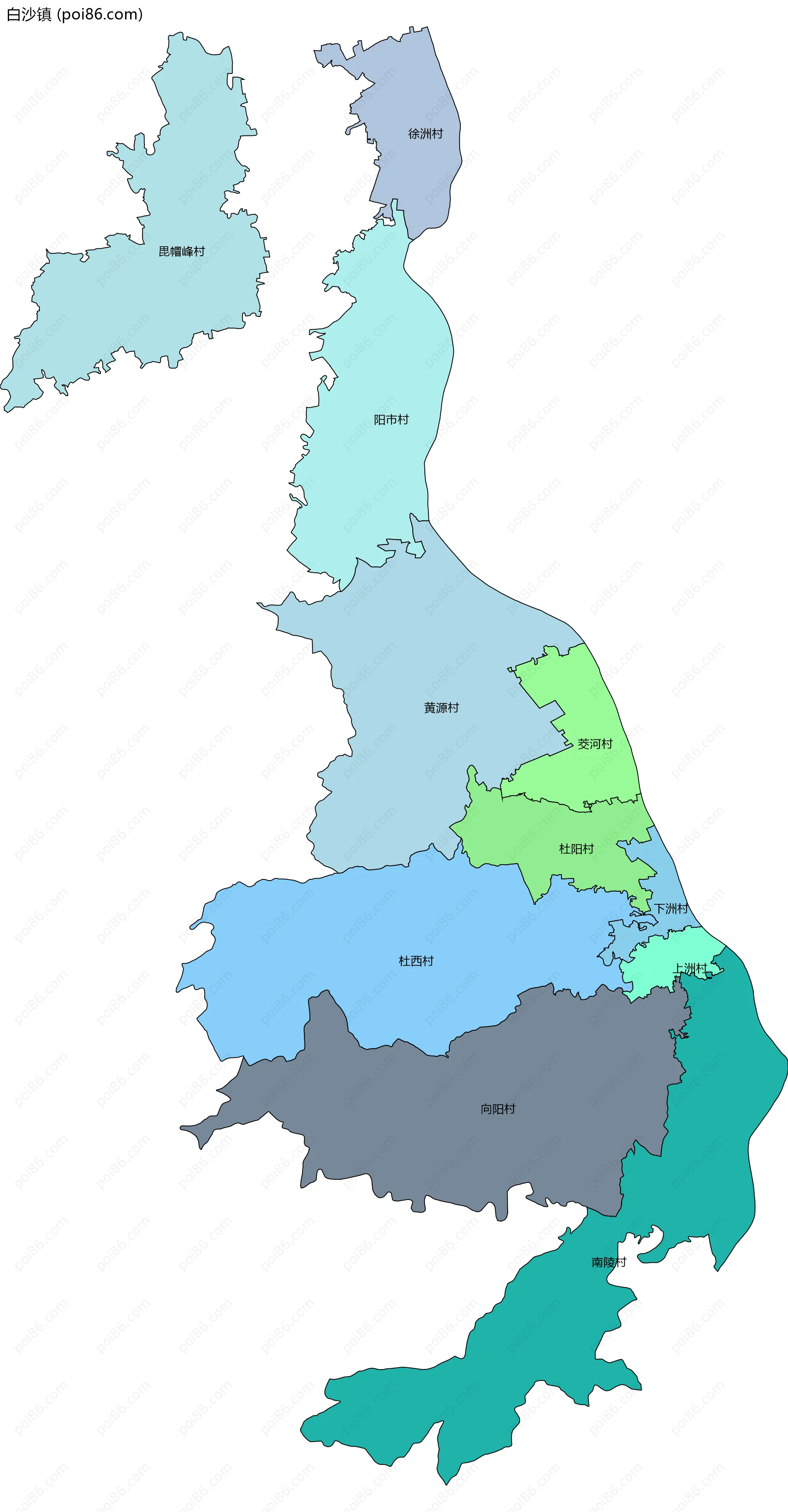 白沙镇边界地图(五级行政区划)