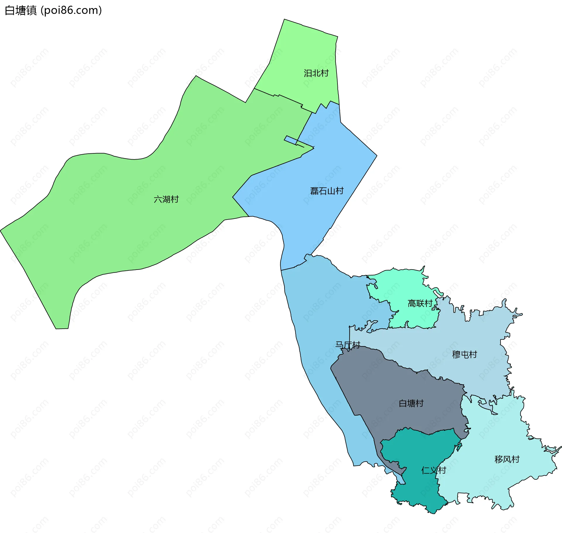 白塘镇边界地图(五级行政区划)