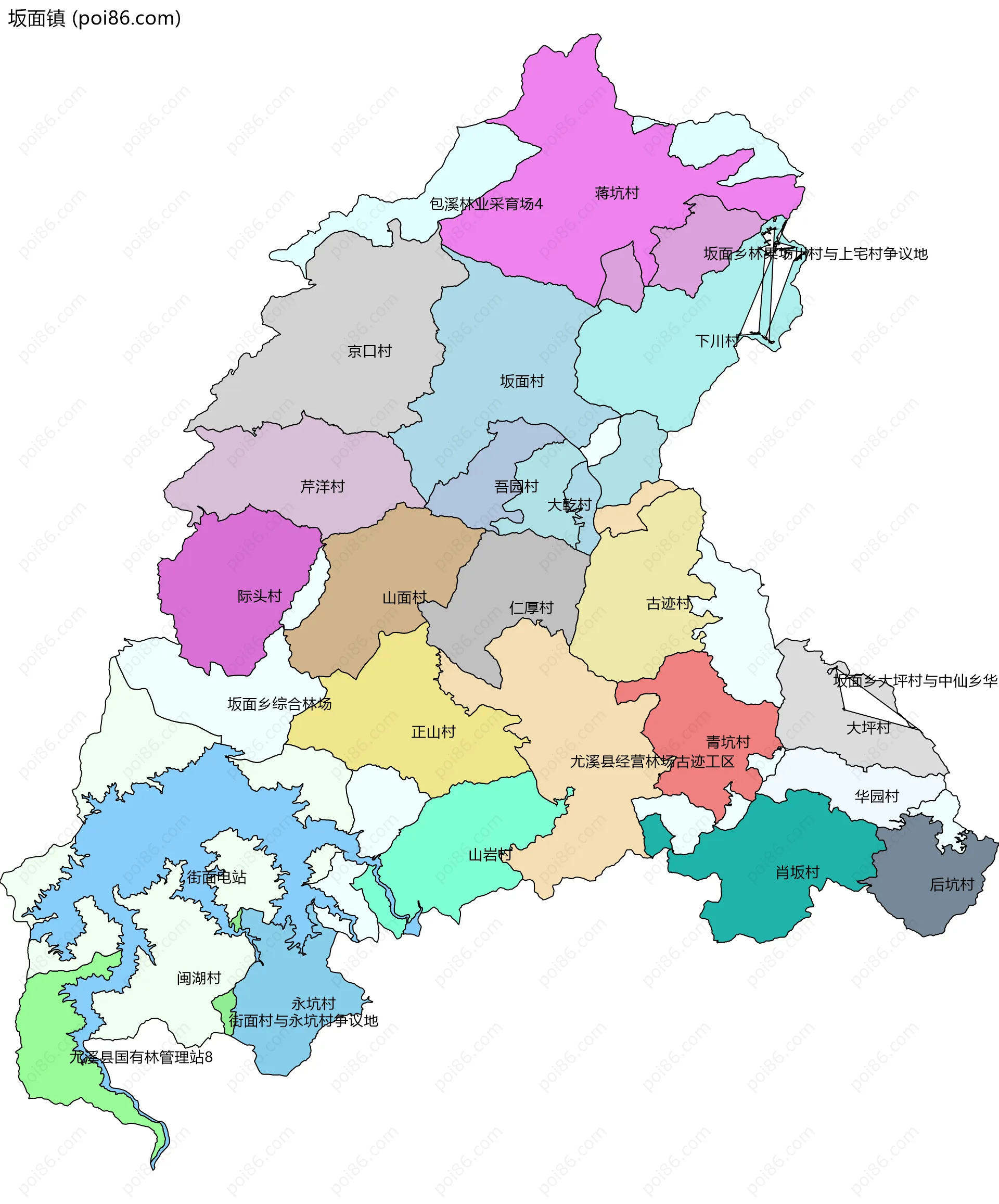 坂面镇边界地图(五级行政区划)