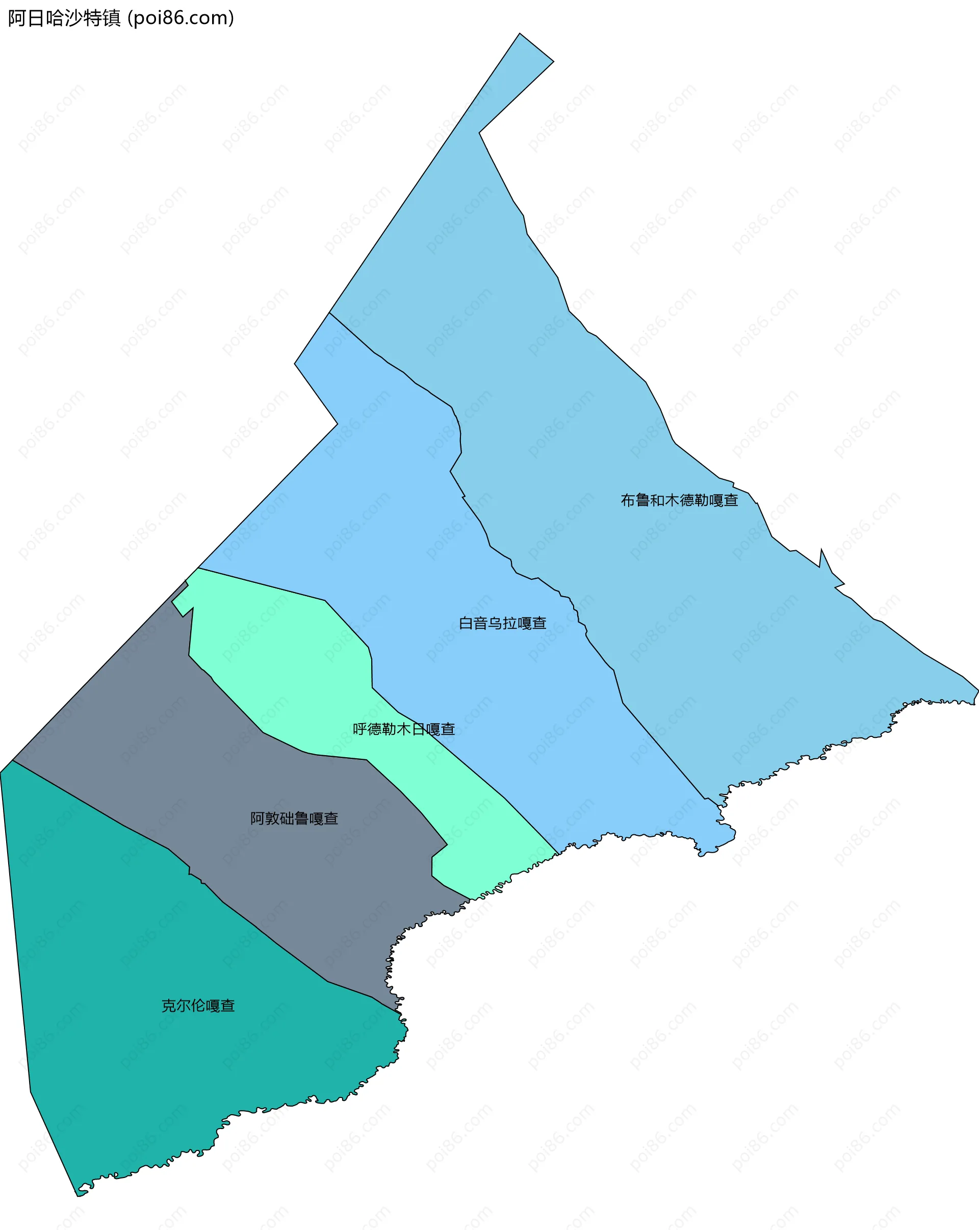 阿日哈沙特镇边界地图(五级行政区划)