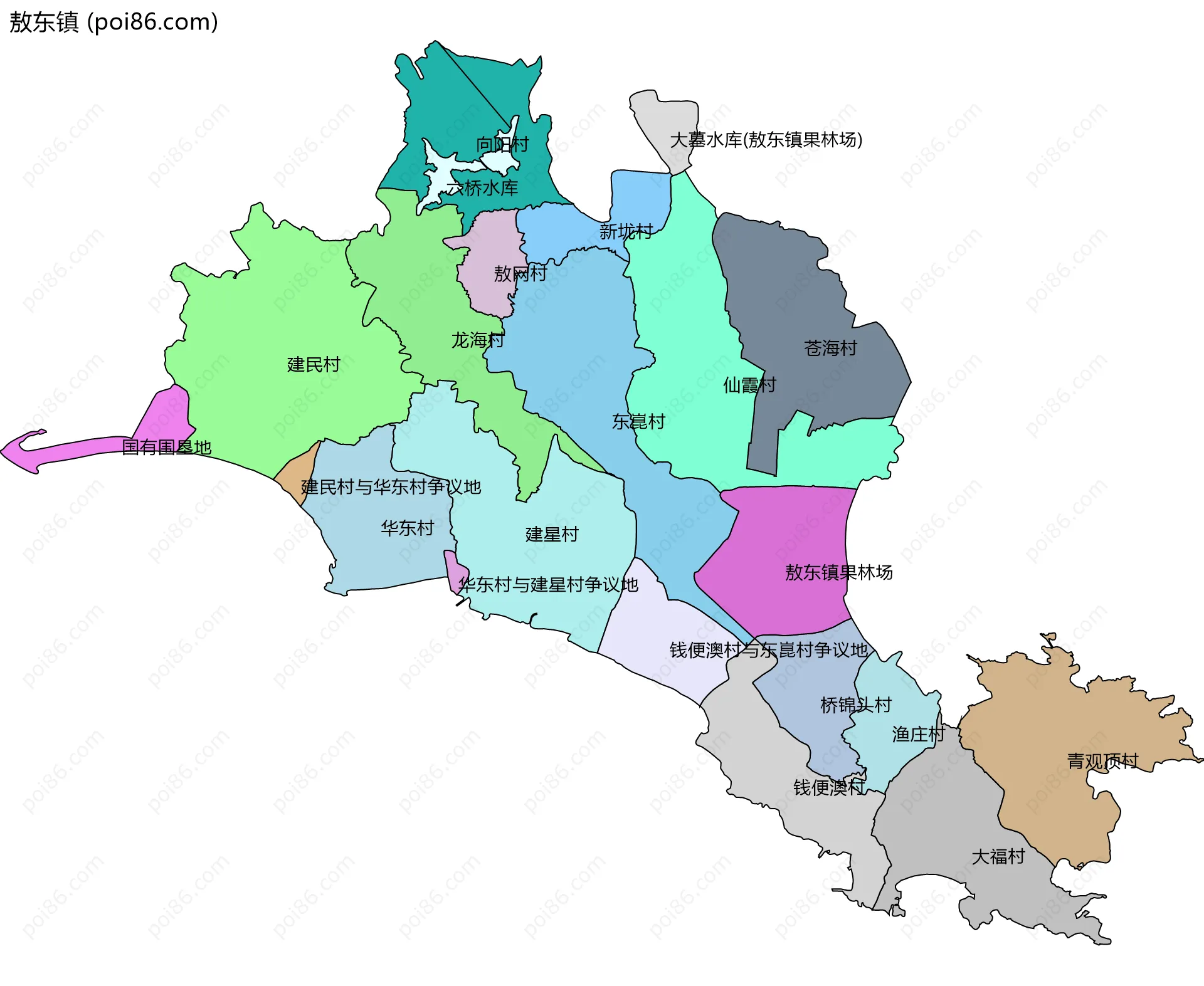 敖东镇边界地图(五级行政区划)