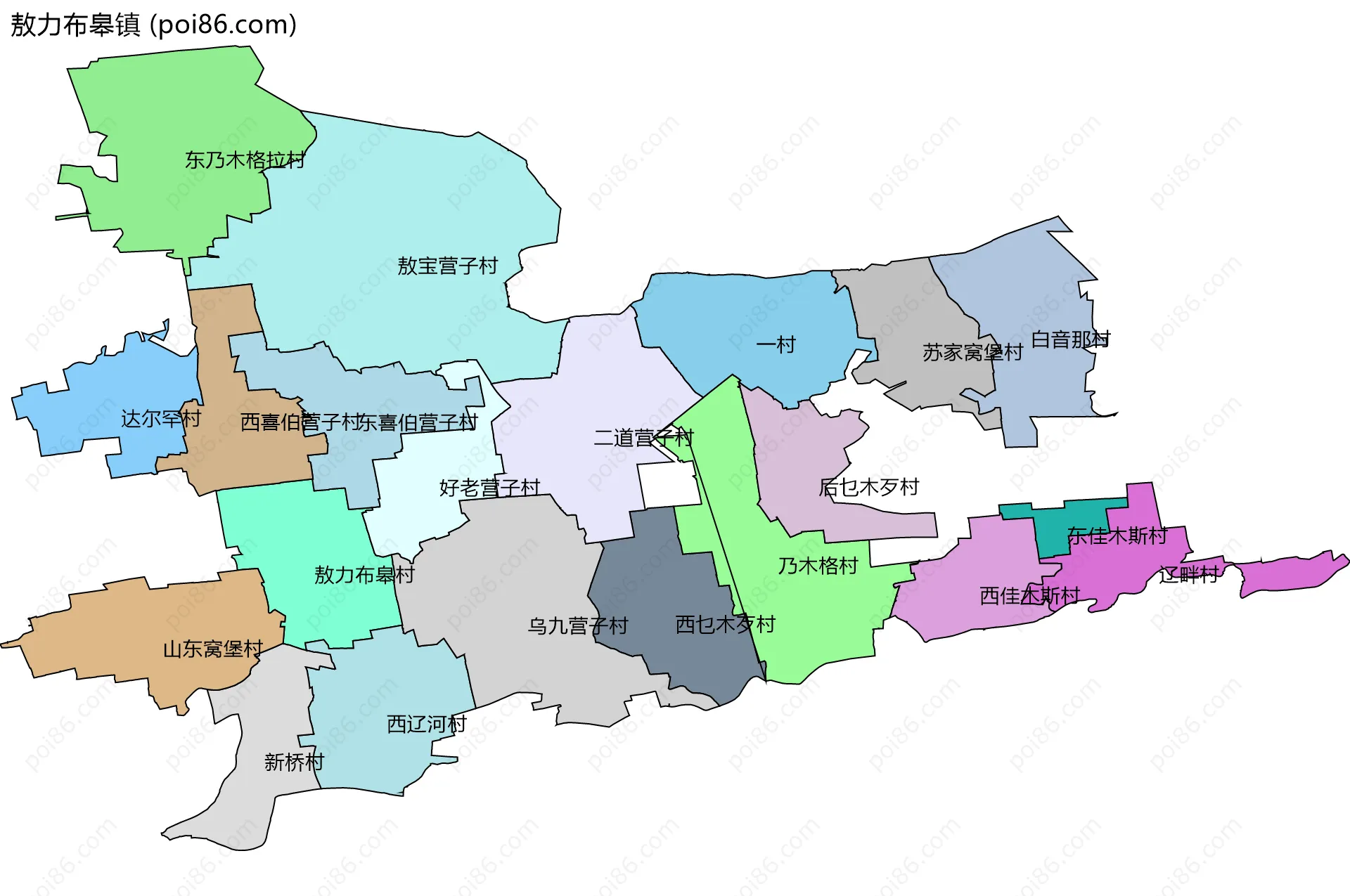 敖力布皋镇边界地图(五级行政区划)
