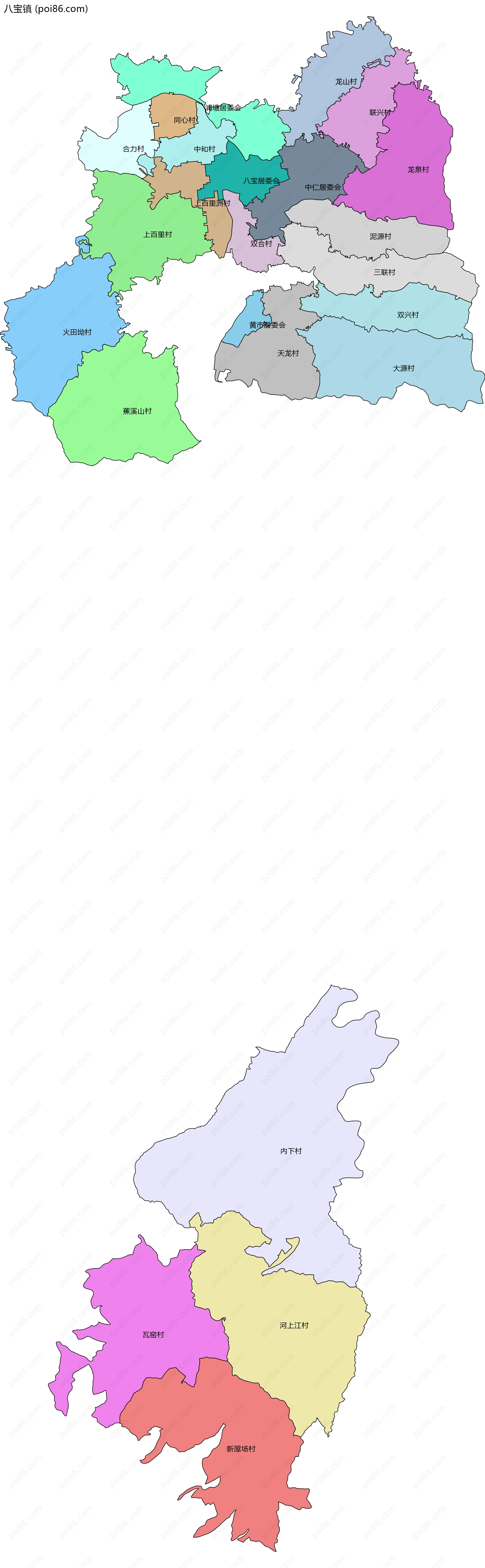 八宝镇边界地图(五级行政区划)