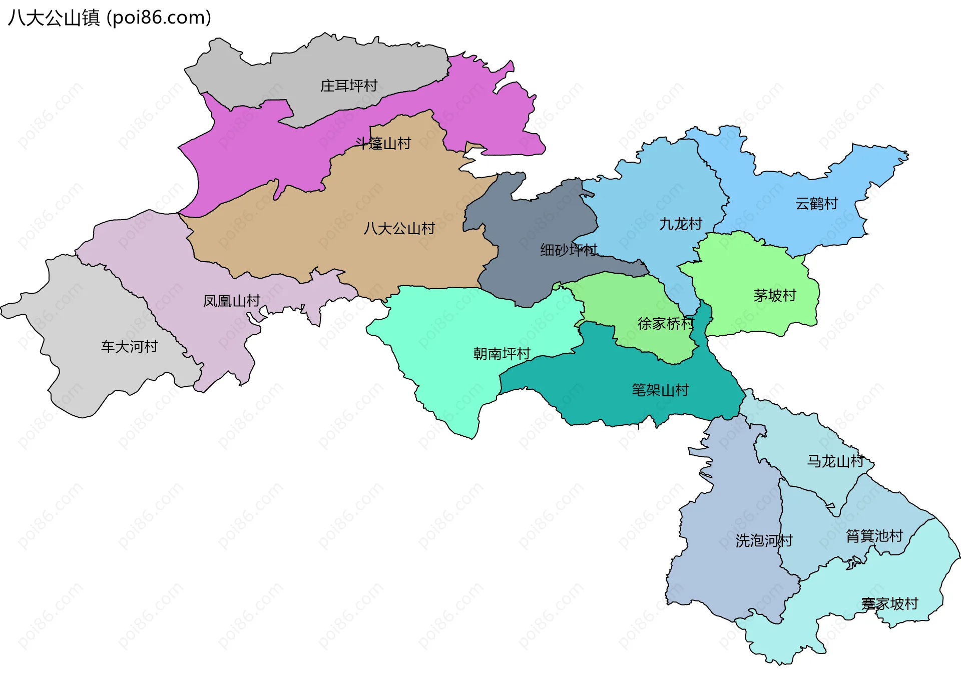 八大公山镇边界地图(五级行政区划)