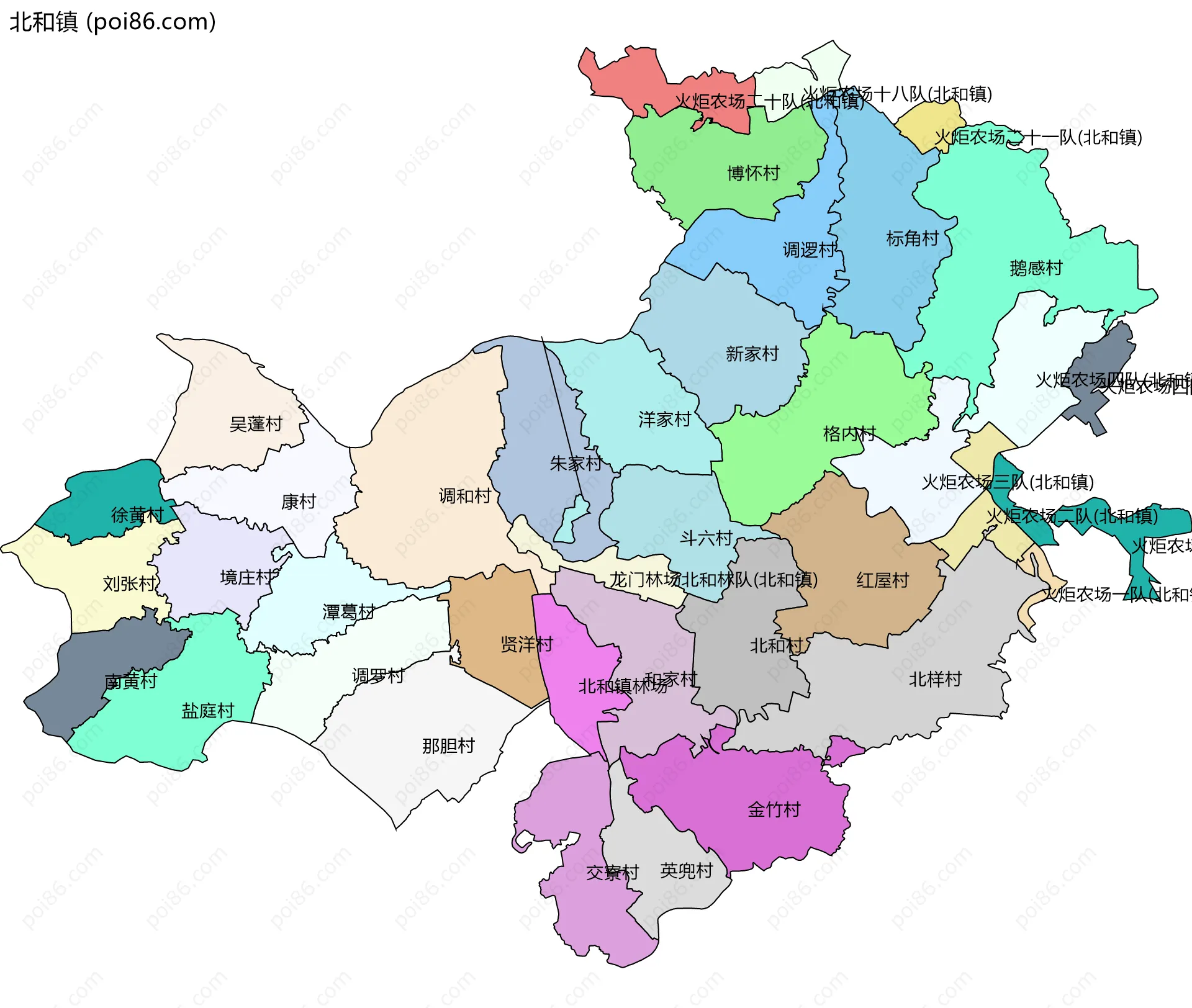 北和镇边界地图(五级行政区划)