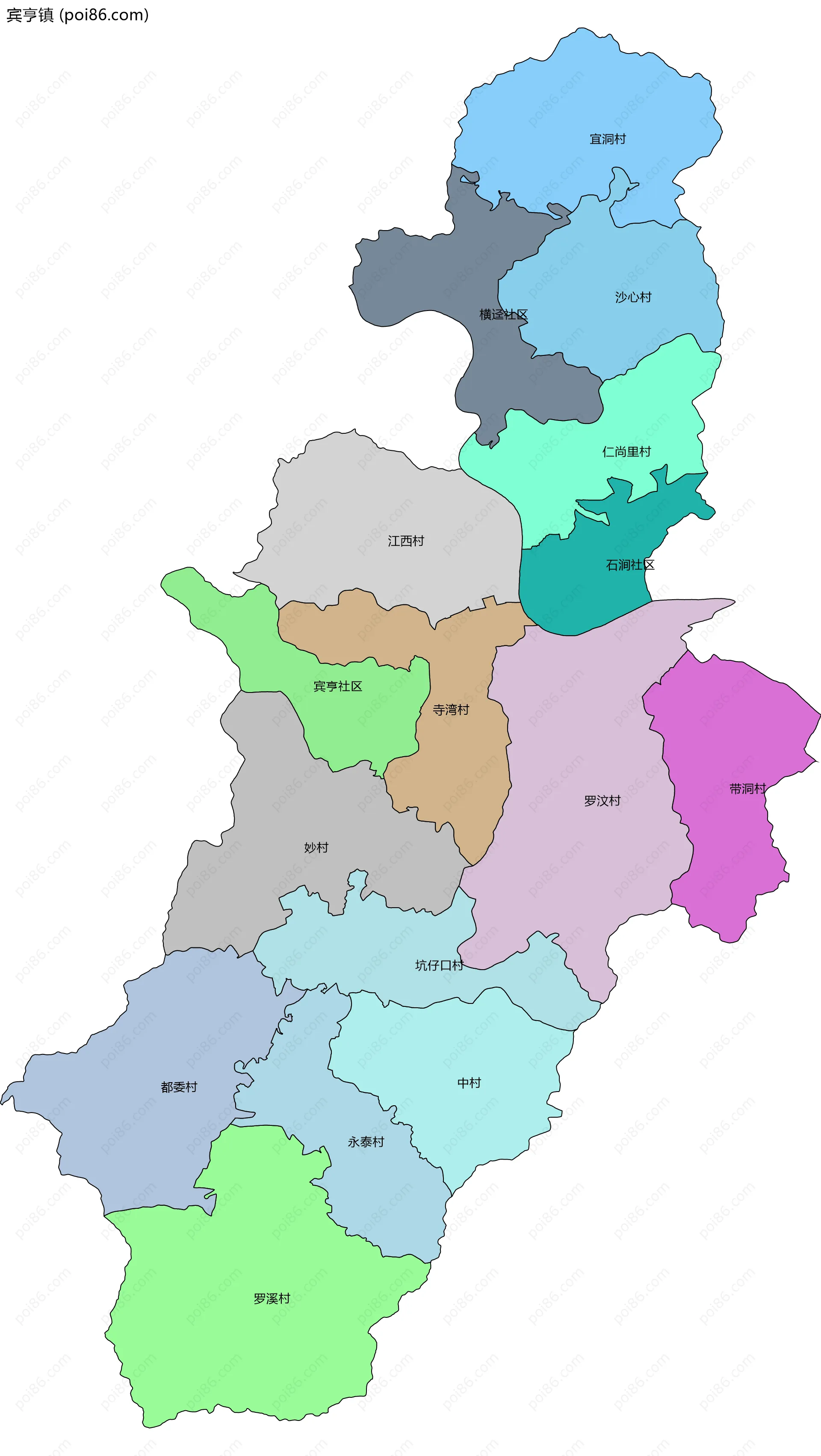 宾亨镇边界地图(五级行政区划)