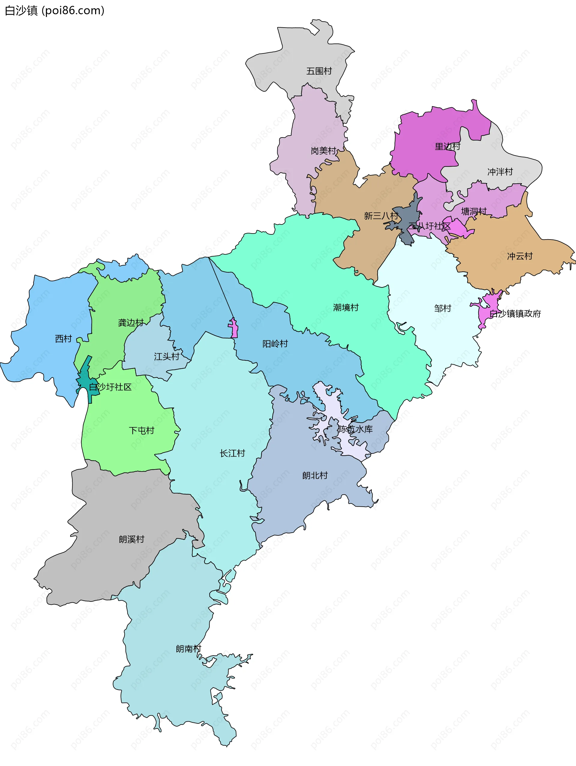 白沙镇边界地图(五级行政区划)