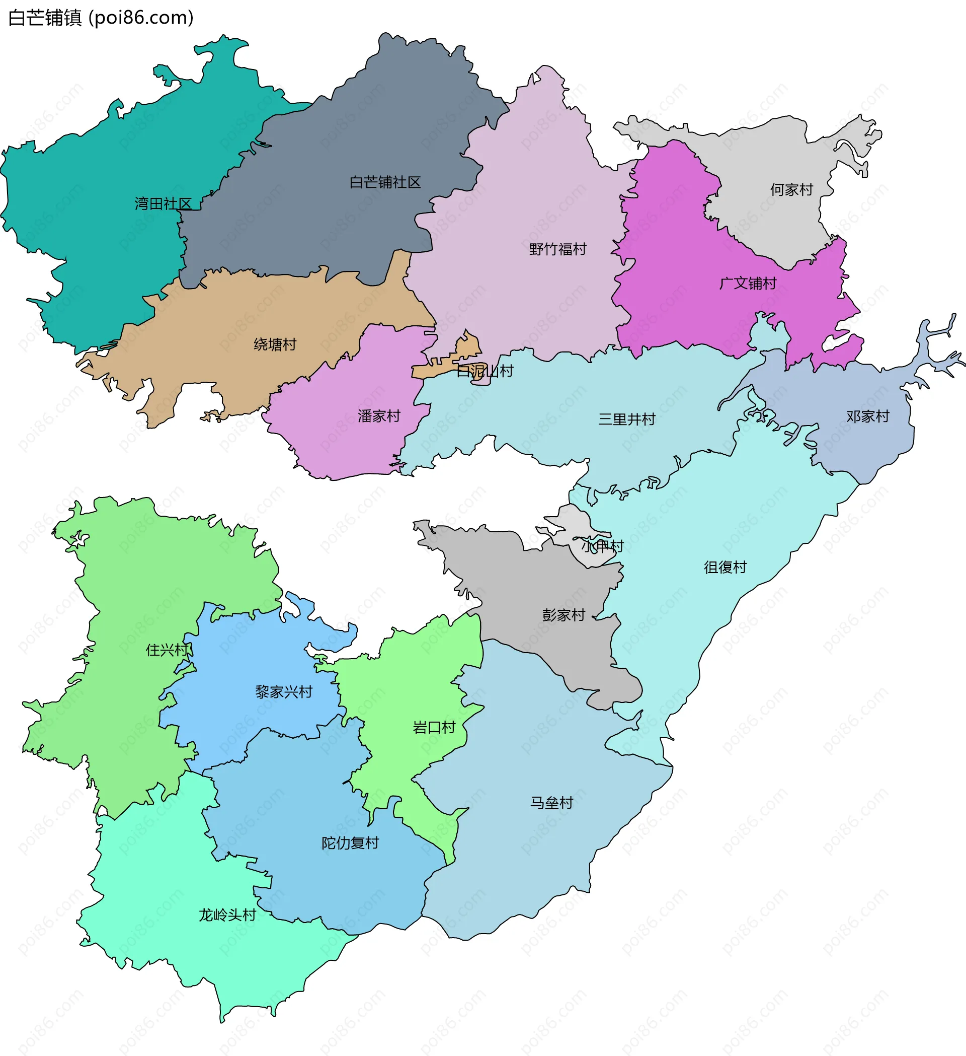 白芒铺镇边界地图(五级行政区划)