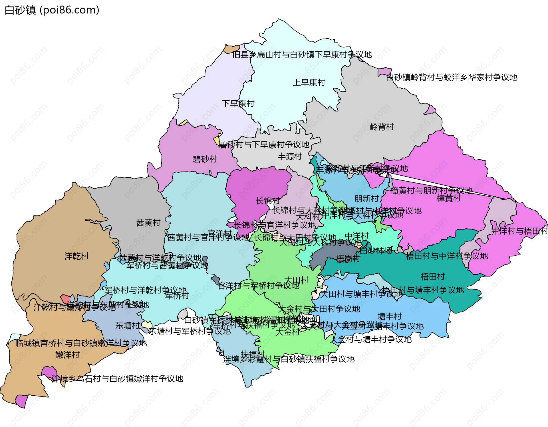 白砂镇边界地图(五级行政区划)