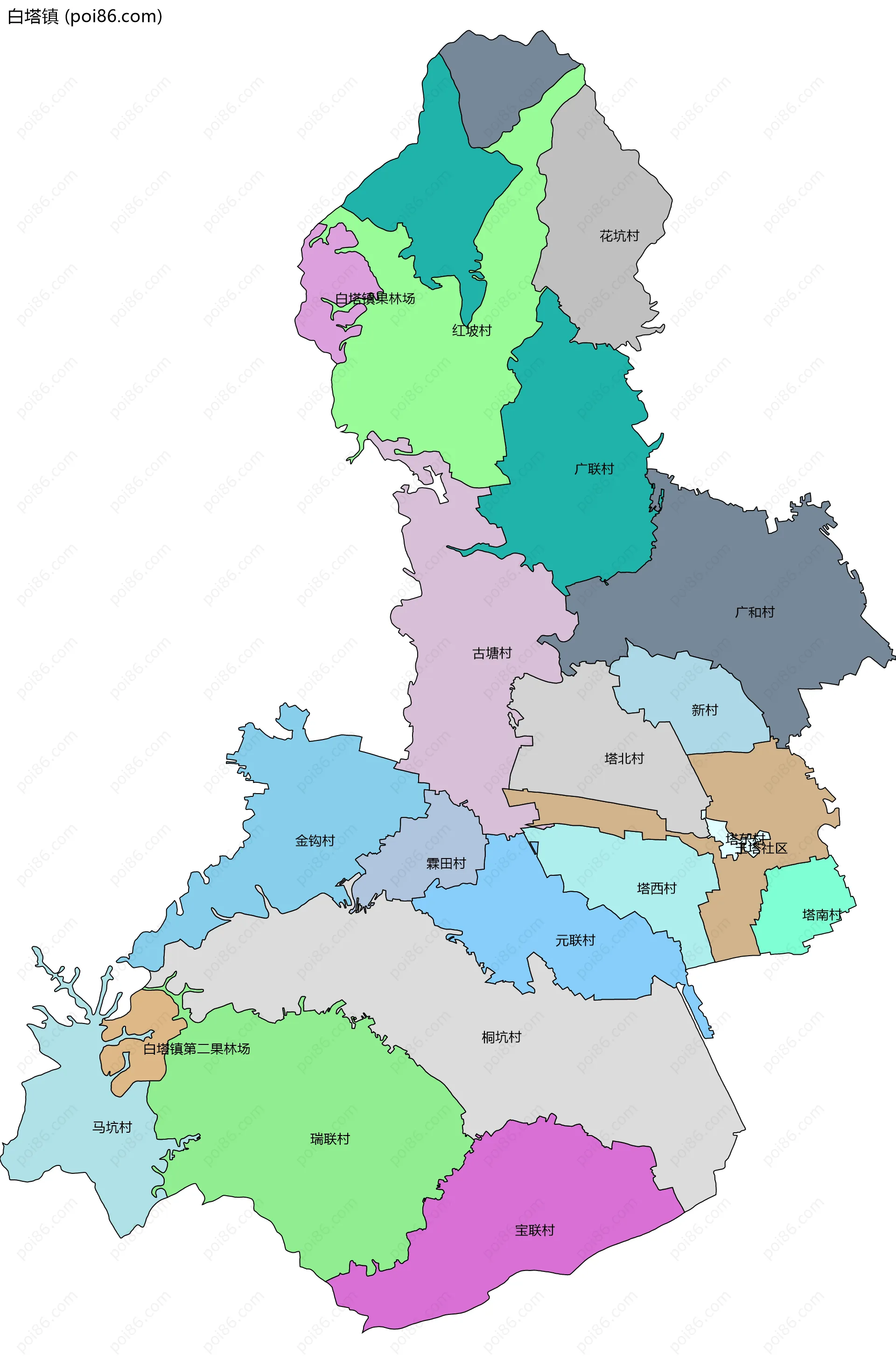 白塔镇边界地图(五级行政区划)