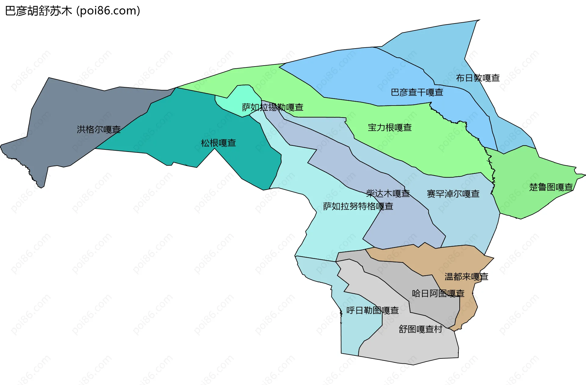 巴彦胡舒苏木边界地图(五级行政区划)