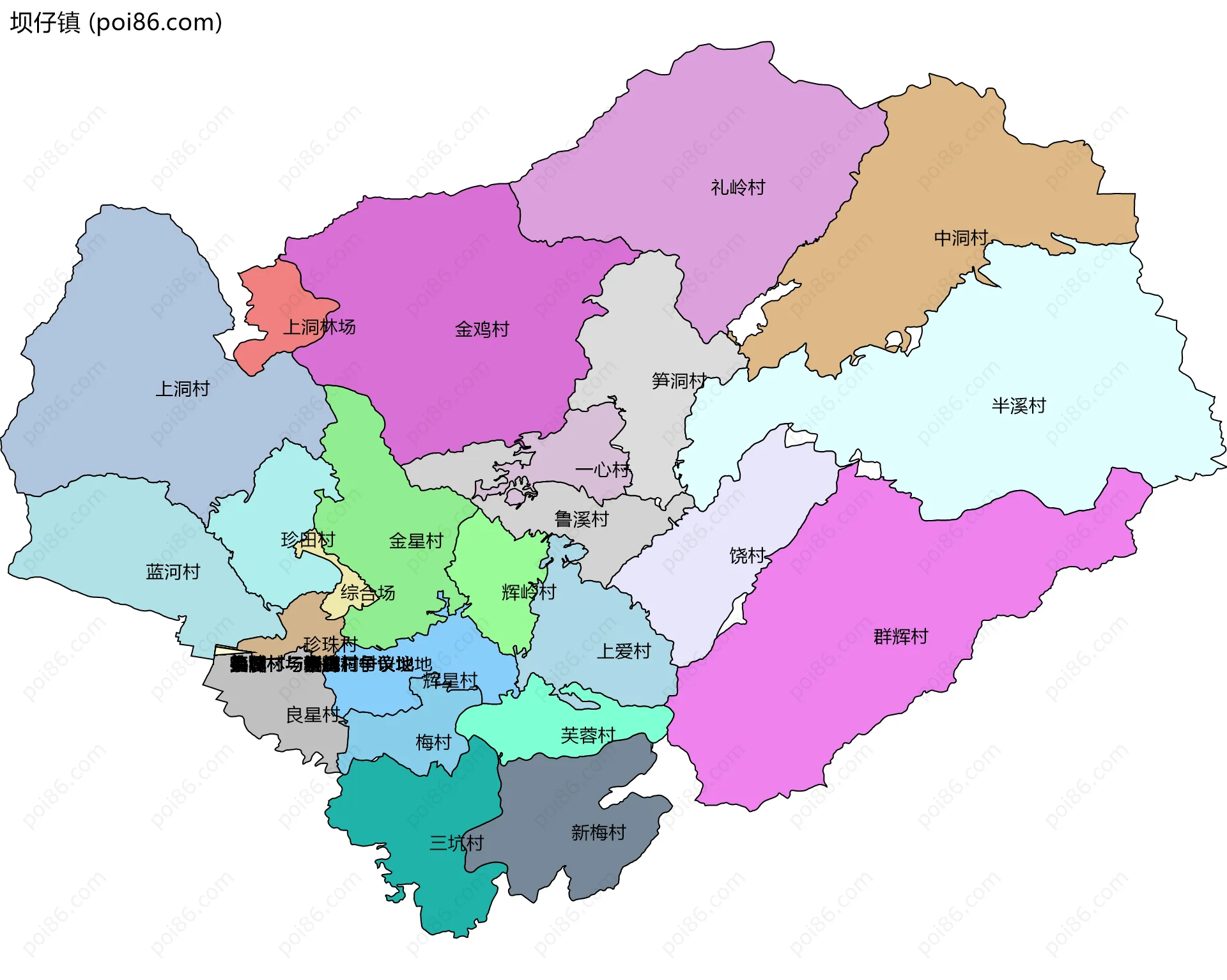 坝仔镇边界地图(五级行政区划)