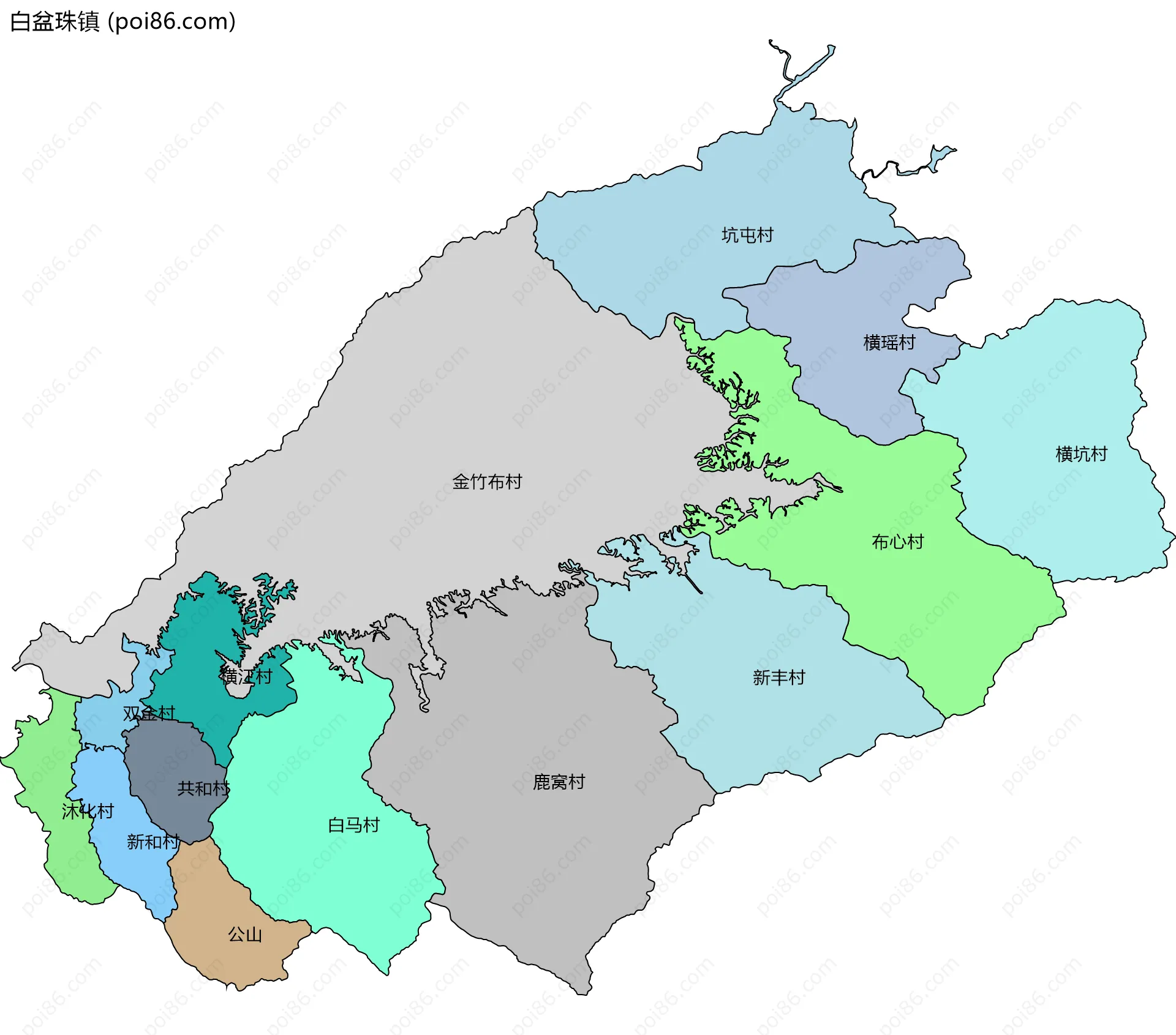 白盆珠镇边界地图(五级行政区划)