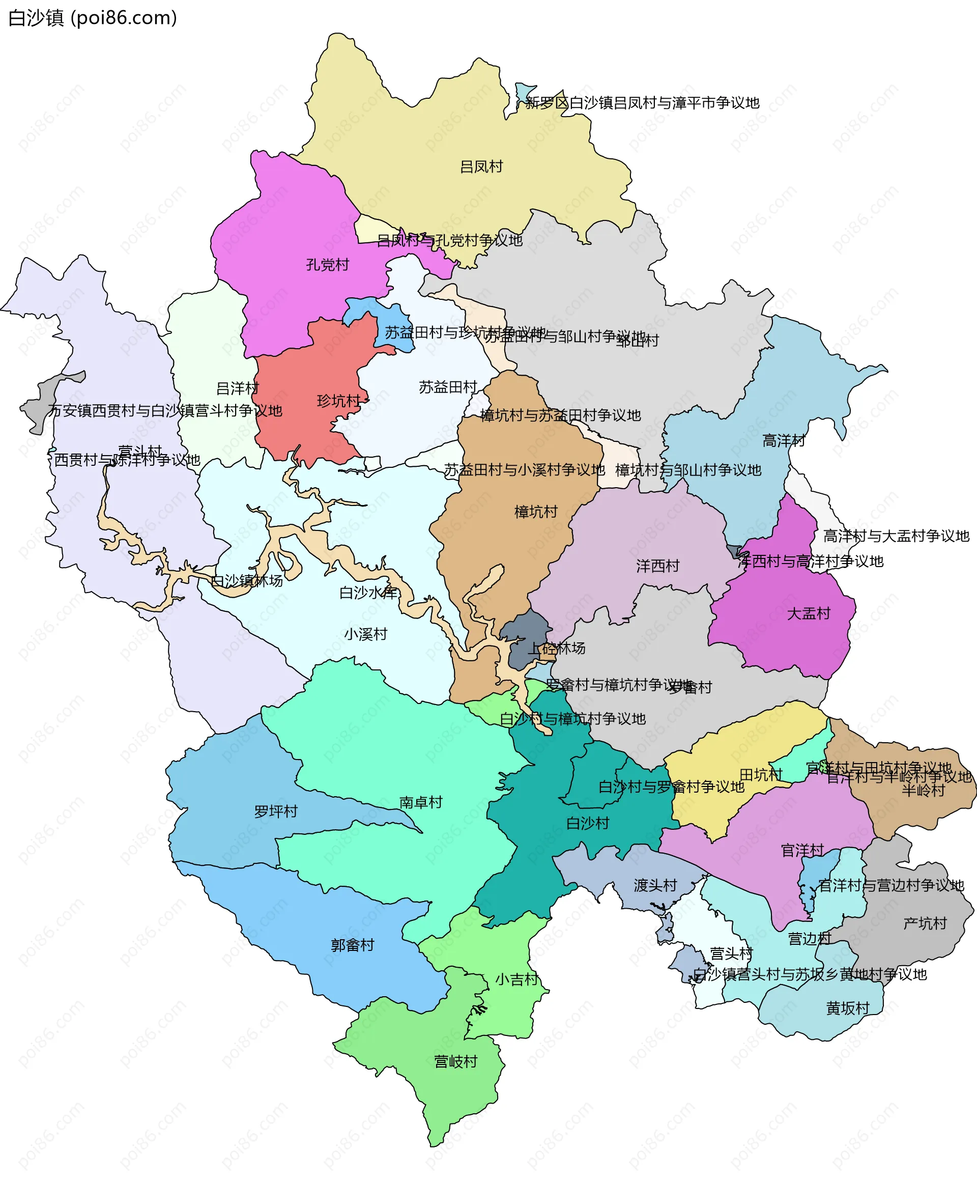 白沙镇边界地图(五级行政区划)