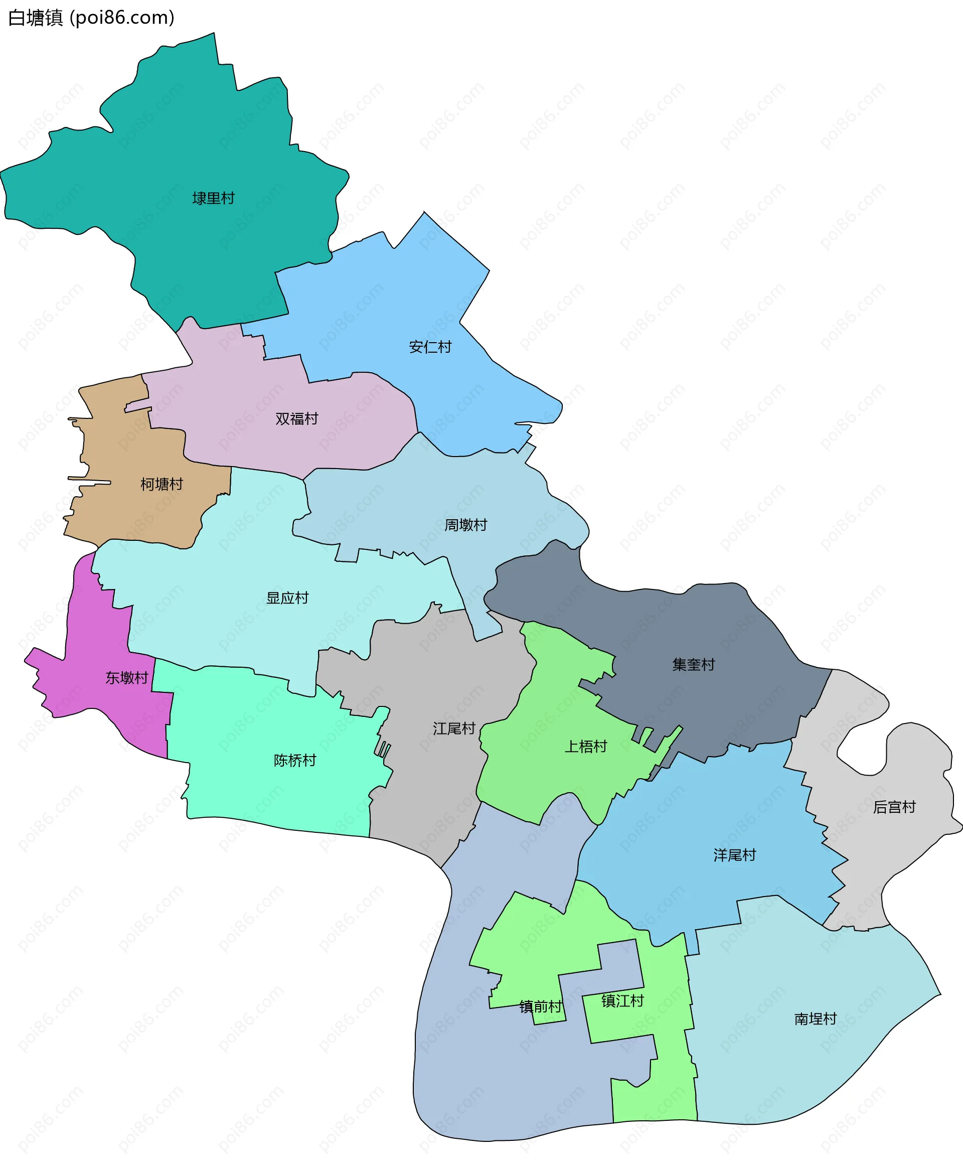 白塘镇边界地图(五级行政区划)