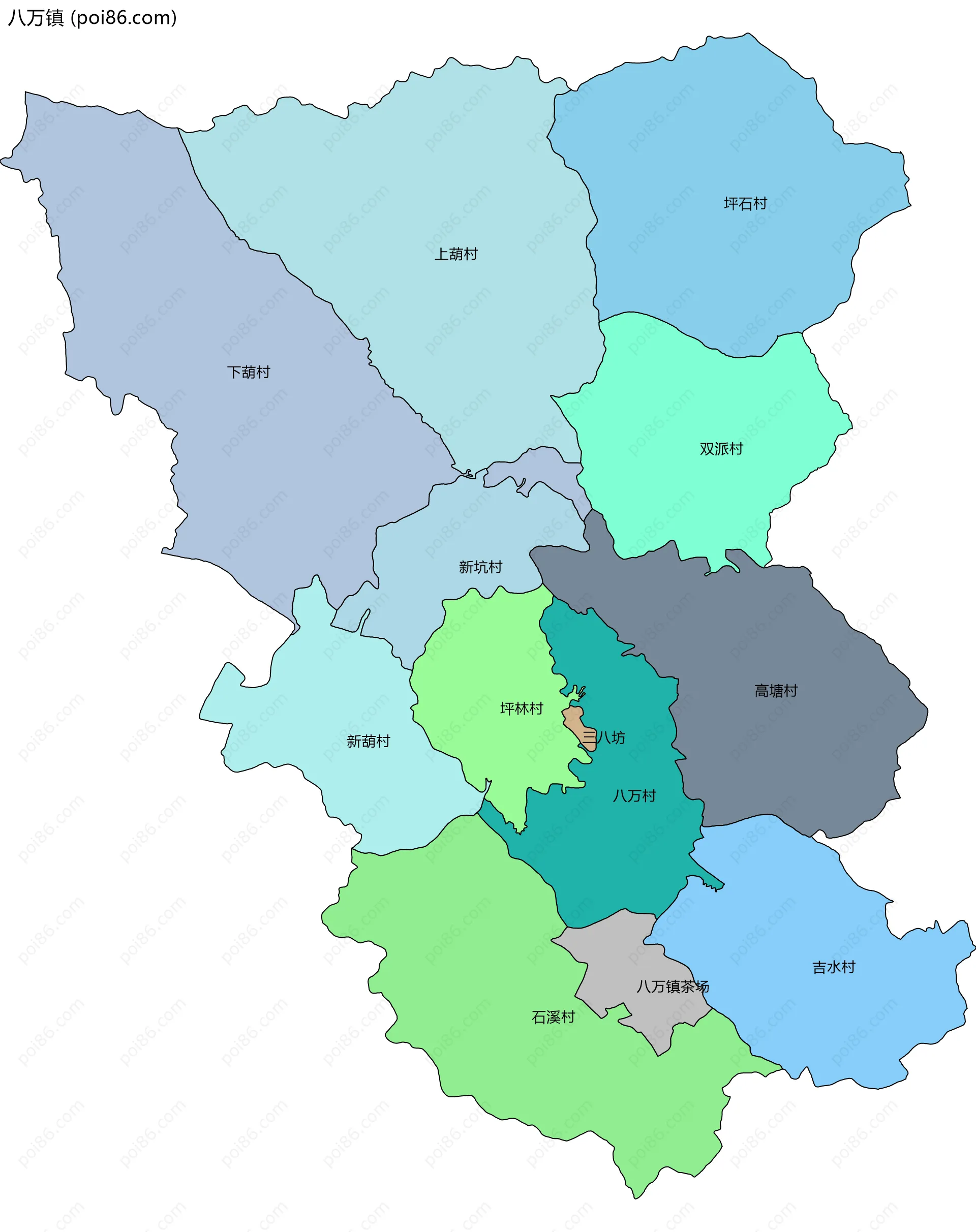 八万镇边界地图(五级行政区划)
