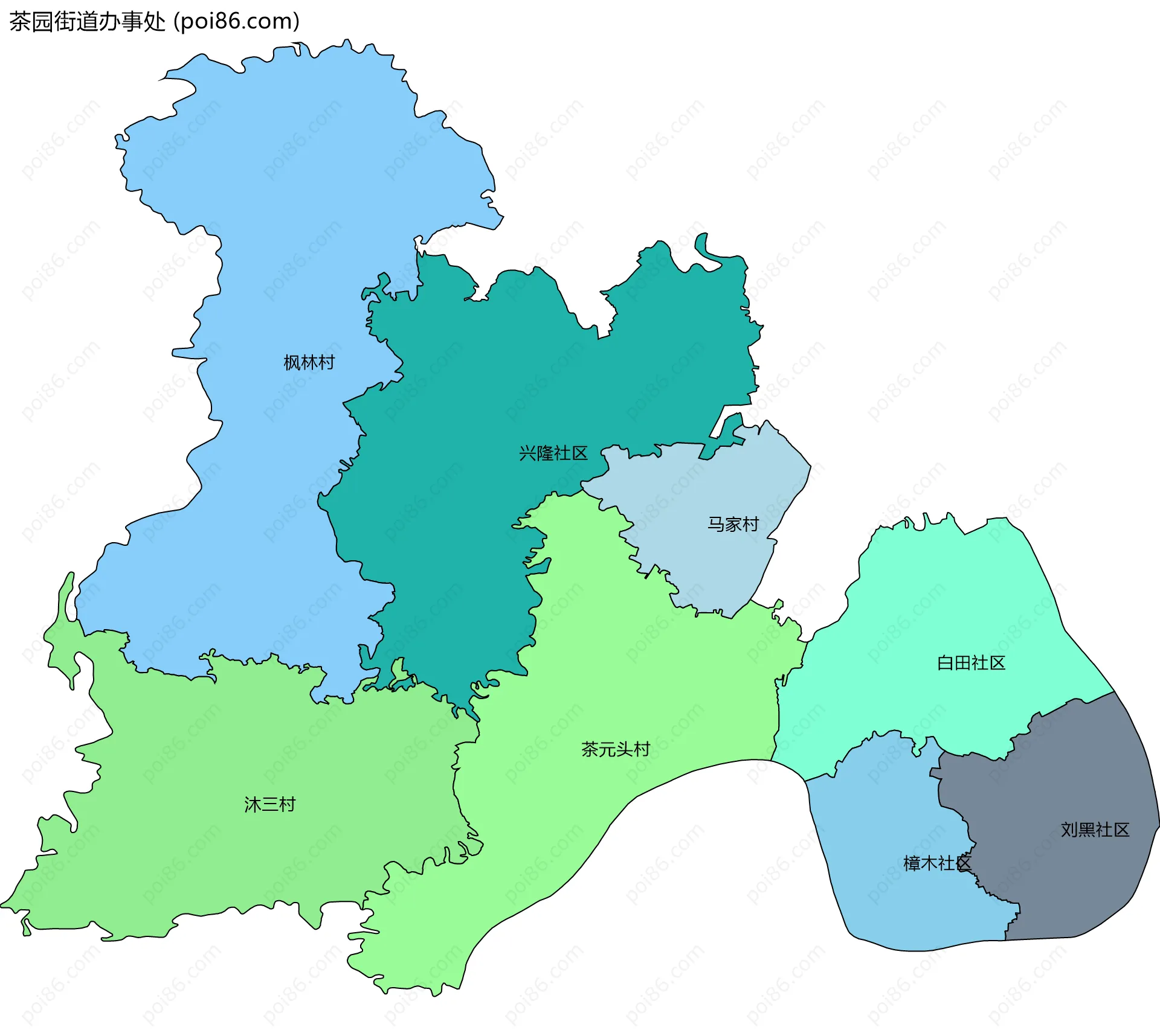 茶园街道办事处边界地图(五级行政区划)