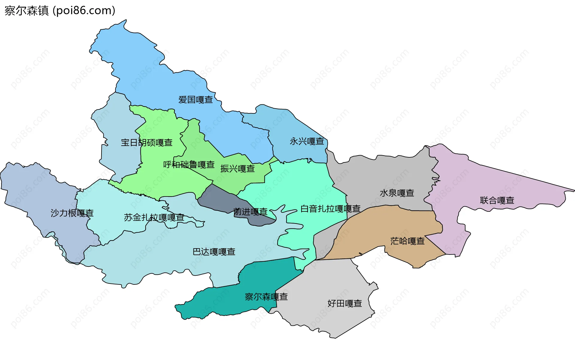察尔森镇边界地图(五级行政区划)