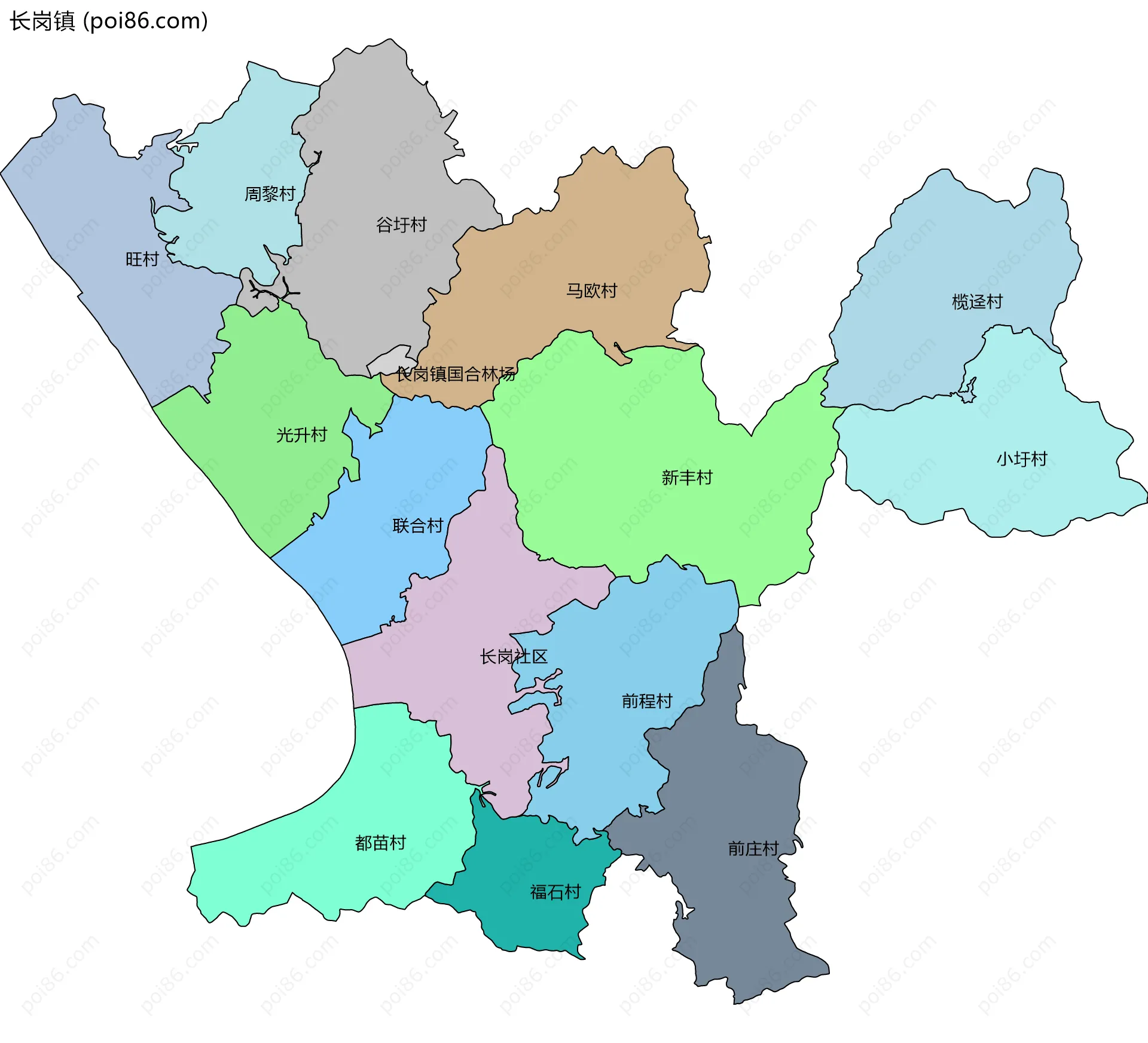 长岗镇边界地图(五级行政区划)