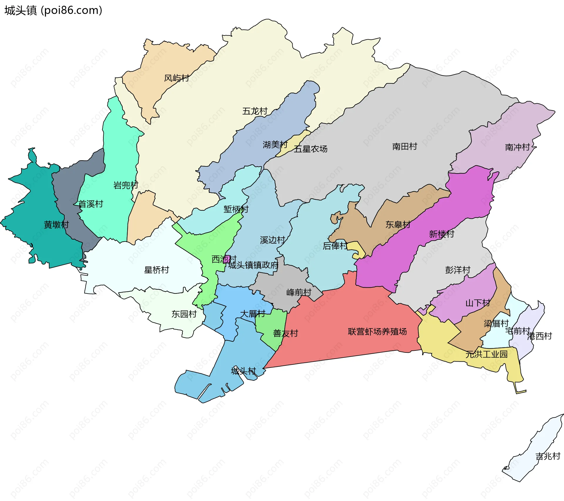 城头镇边界地图(五级行政区划)