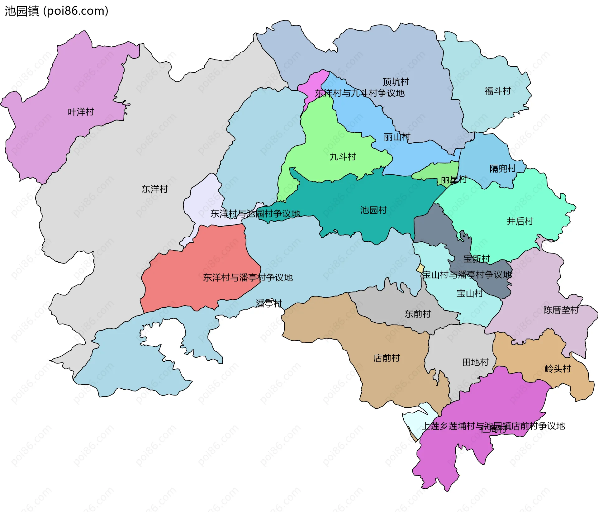 池园镇边界地图(五级行政区划)