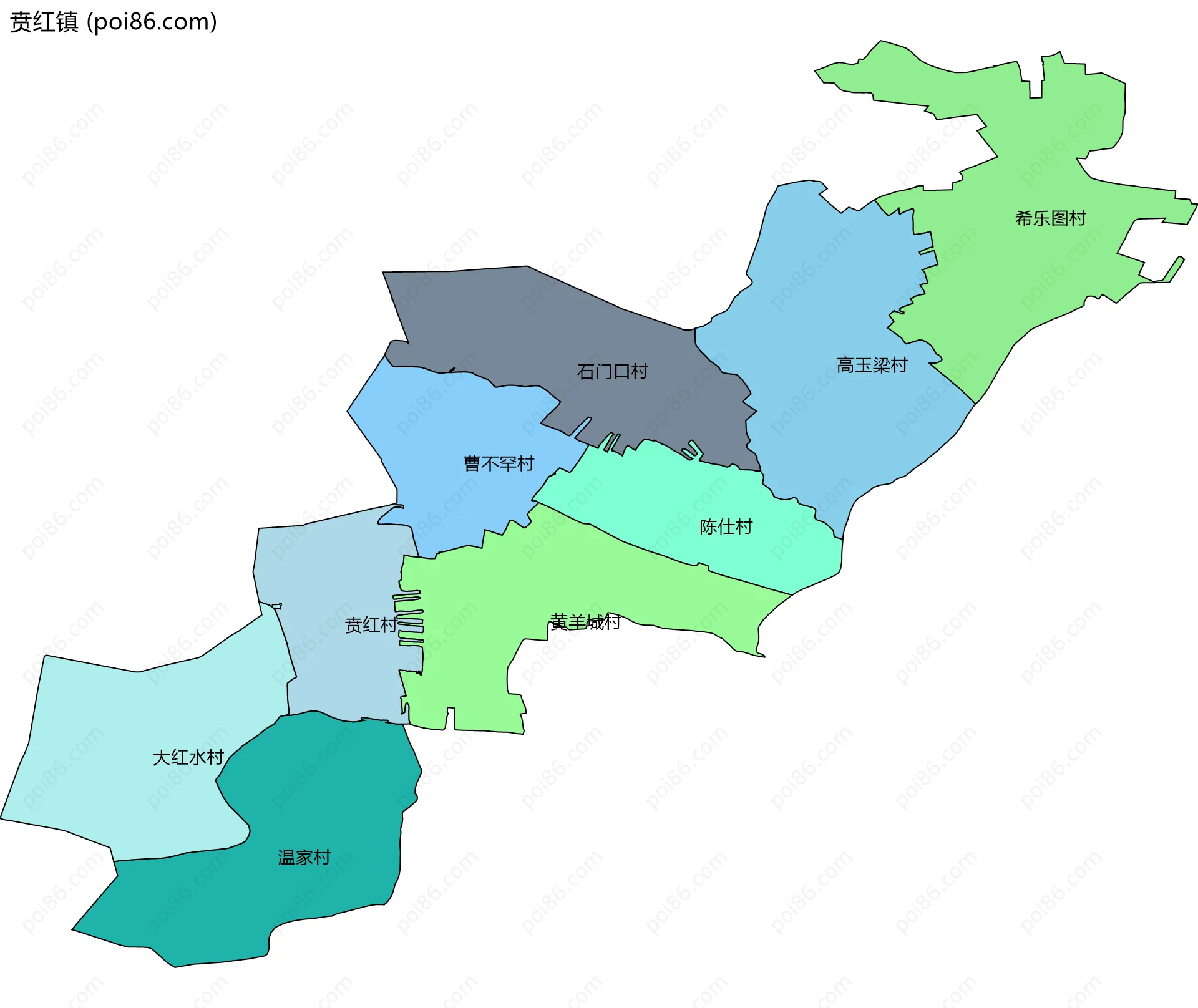 贲红镇边界地图(五级行政区划)
