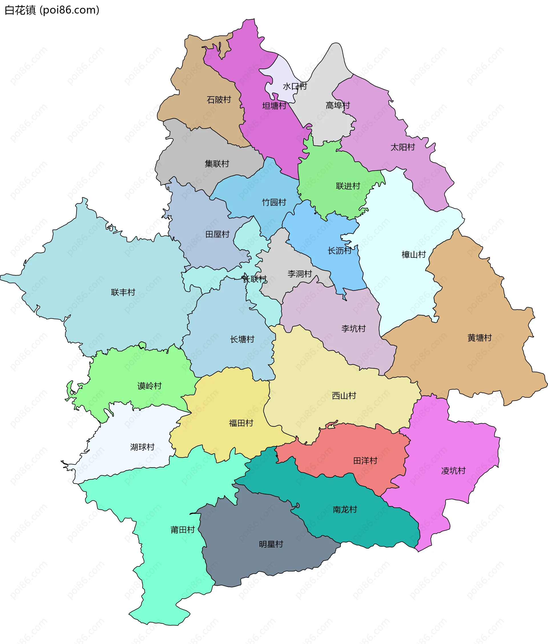 白花镇边界地图(五级行政区划)