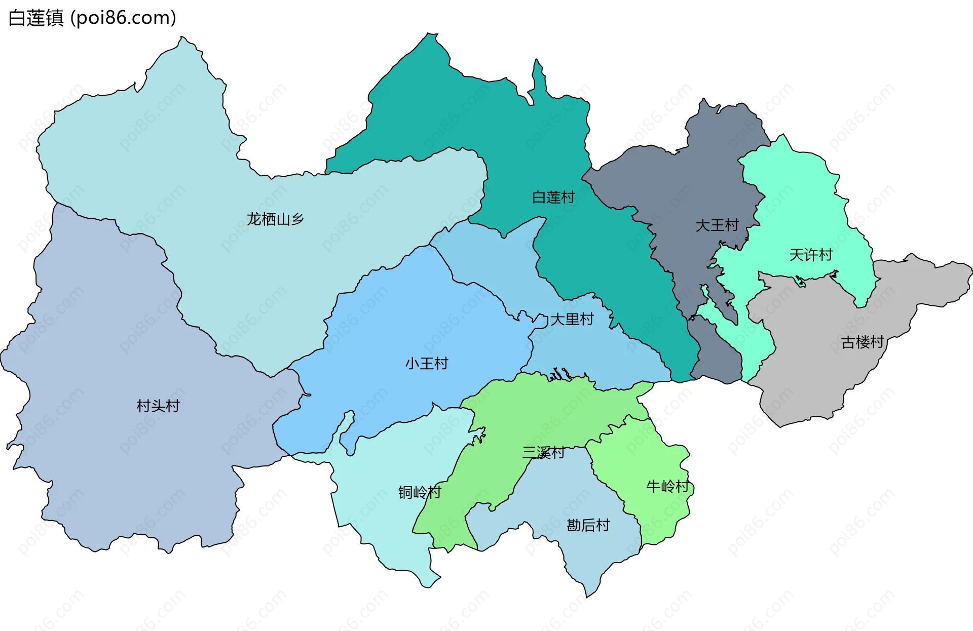 白莲镇边界地图(五级行政区划)